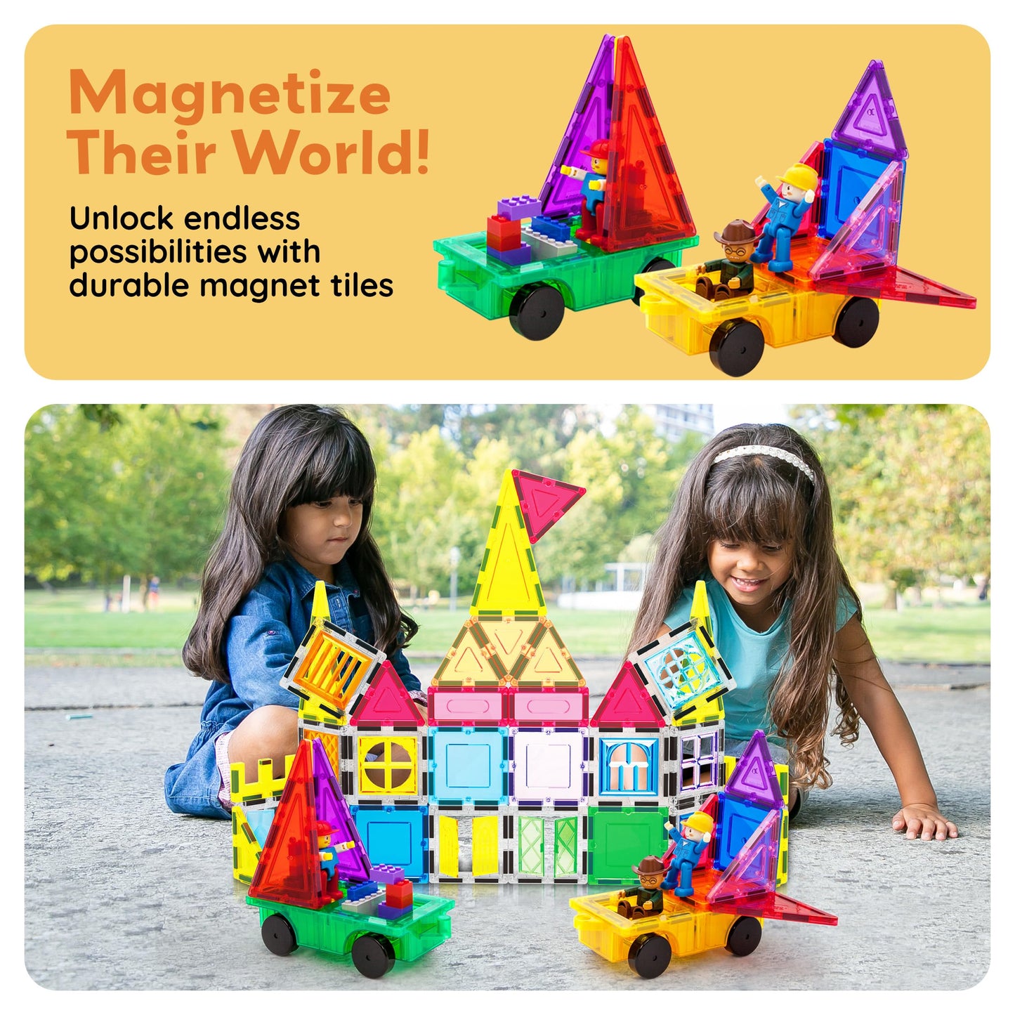 PicassoTiles PT21 2pcs Magnetic Car Base Expansion — Compatible with Regular Bricks | STEM Learning Toys