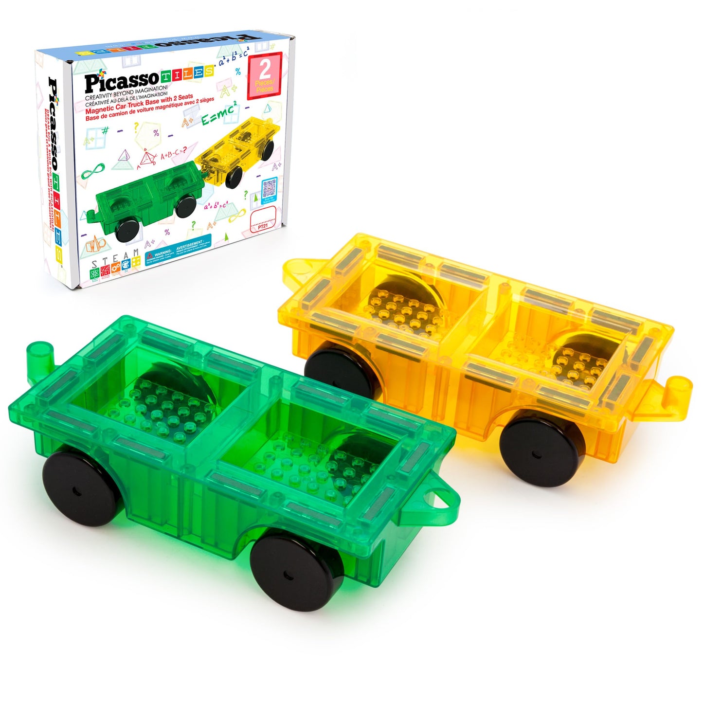 PicassoTiles PT21 2pcs Magnetic Car Base Expansion — Compatible with Regular Bricks | STEM Learning Toys