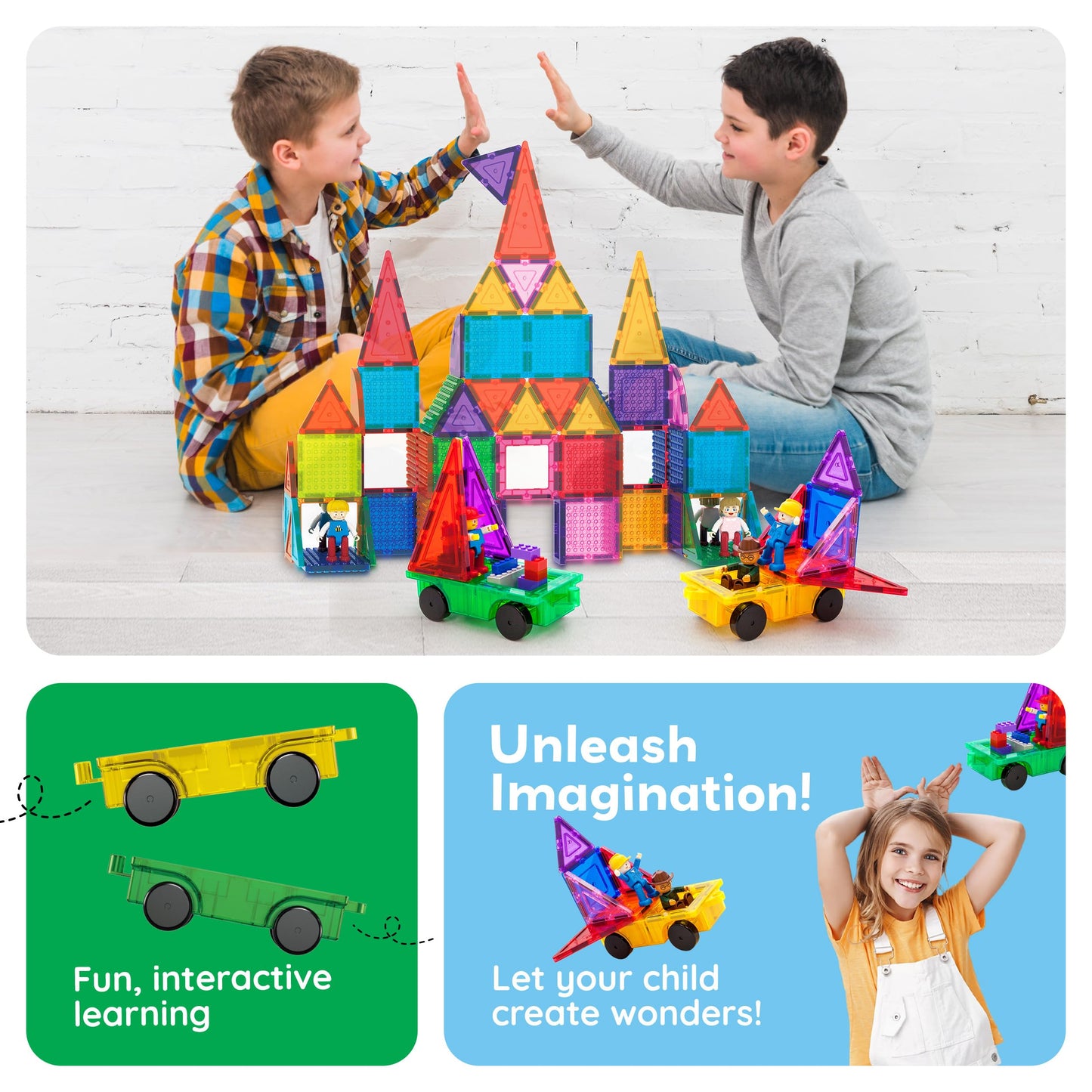 PicassoTiles PT21 2pcs Magnetic Car Base Expansion — Compatible with Regular Bricks | STEM Learning Toys