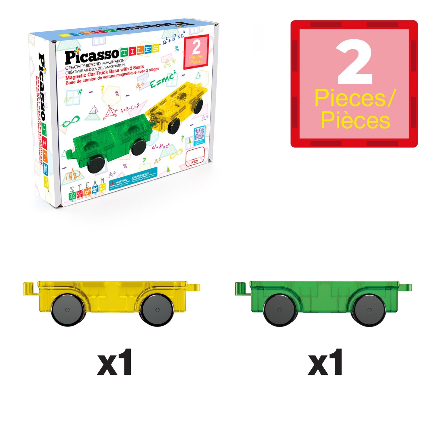 PicassoTiles PT21 2pcs Magnetic Car Base Expansion — Compatible with Regular Bricks | STEM Learning Toys