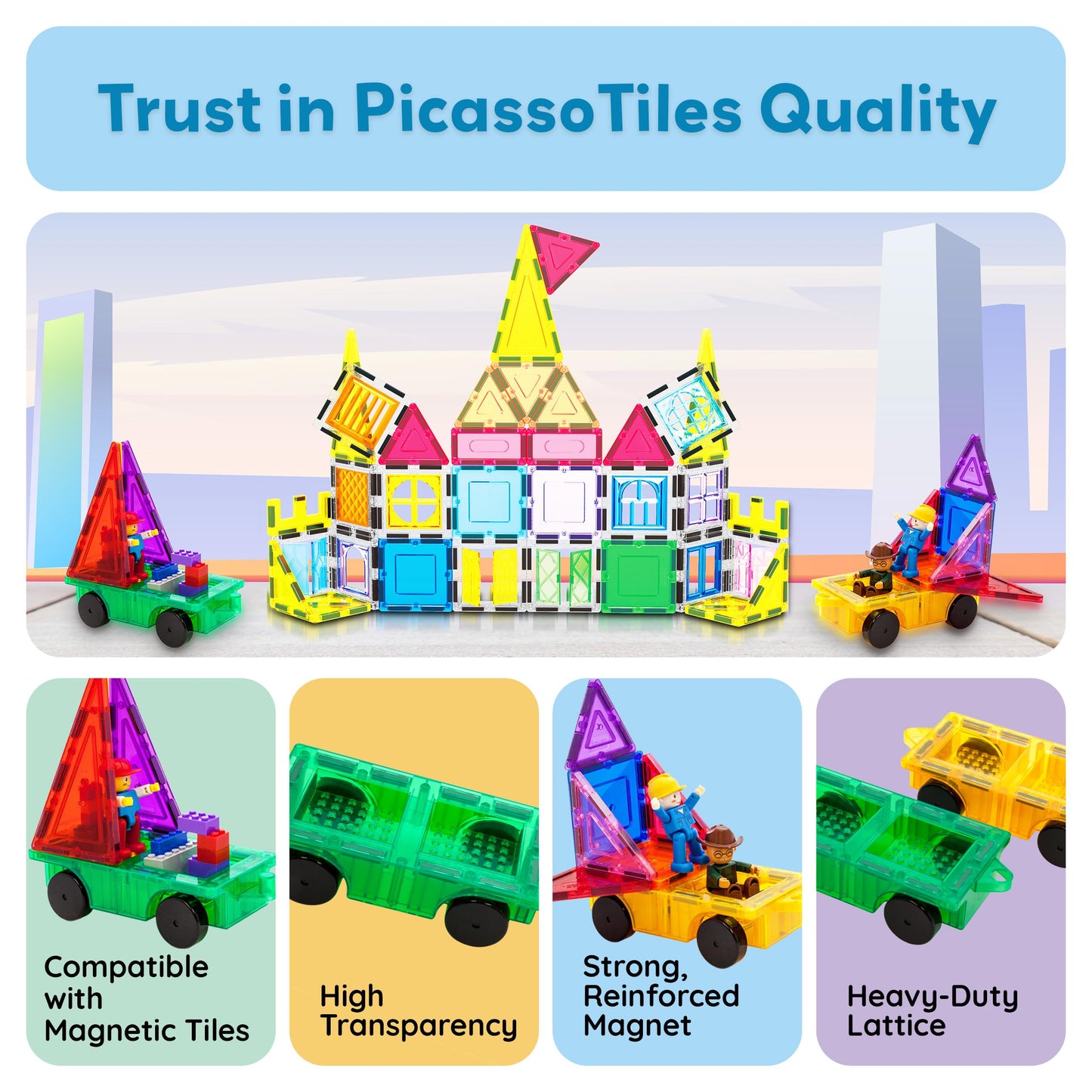 PicassoTiles PT21 2pcs Magnetic Car Base Expansion — Compatible with Regular Bricks | STEM Learning Toys