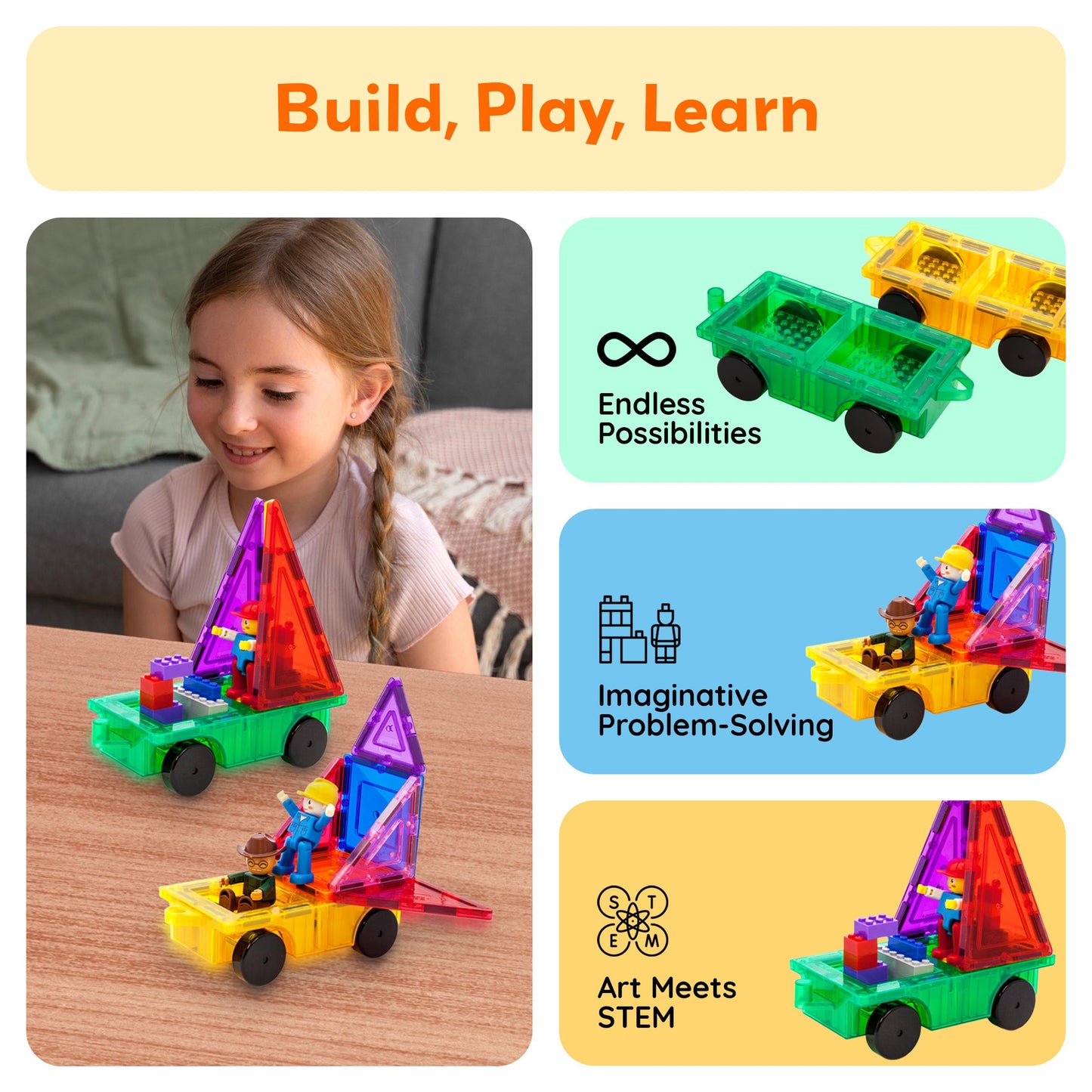 PicassoTiles PT21 2pcs Magnetic Car Base Expansion — Compatible with Regular Bricks | STEM Learning Toys
