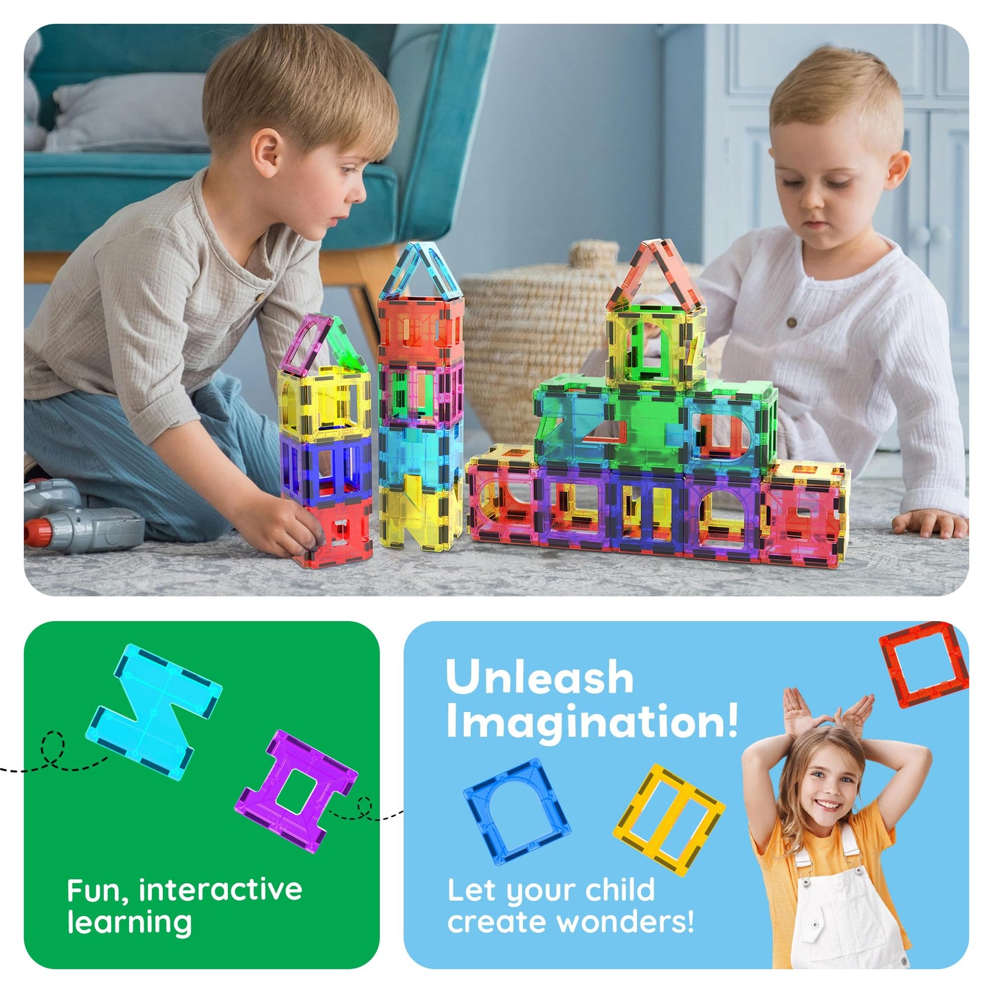 PicassoTiles 42pcs Magnetic Tiles Starter Set – See-Through STEM Building Blocks for Ages 3+