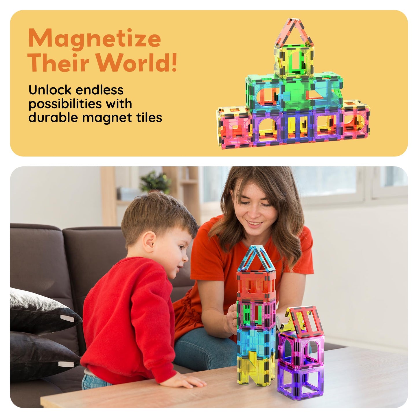 PicassoTiles 42pcs Magnetic Tiles Starter Set – See-Through STEM Building Blocks for Ages 3+