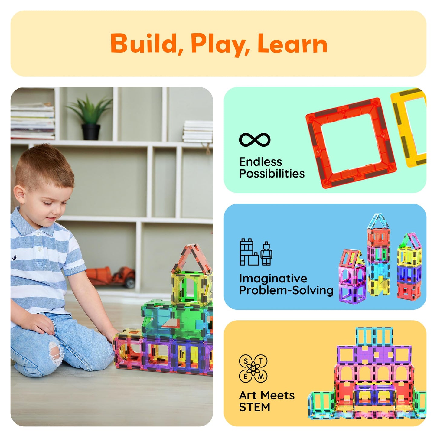 PicassoTiles 42pcs Magnetic Tiles Starter Set – See-Through STEM Building Blocks for Ages 3+