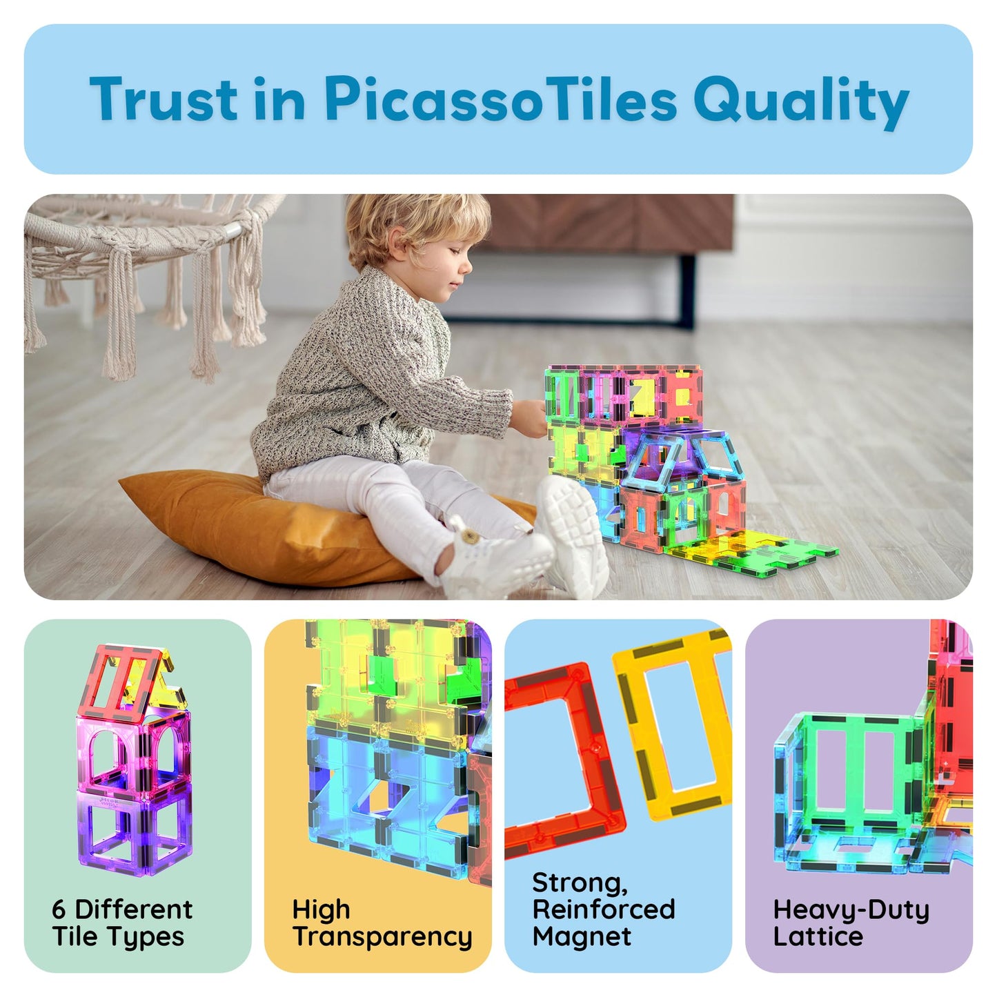 PicassoTiles 42pcs Magnetic Tiles Starter Set – See-Through STEM Building Blocks for Ages 3+