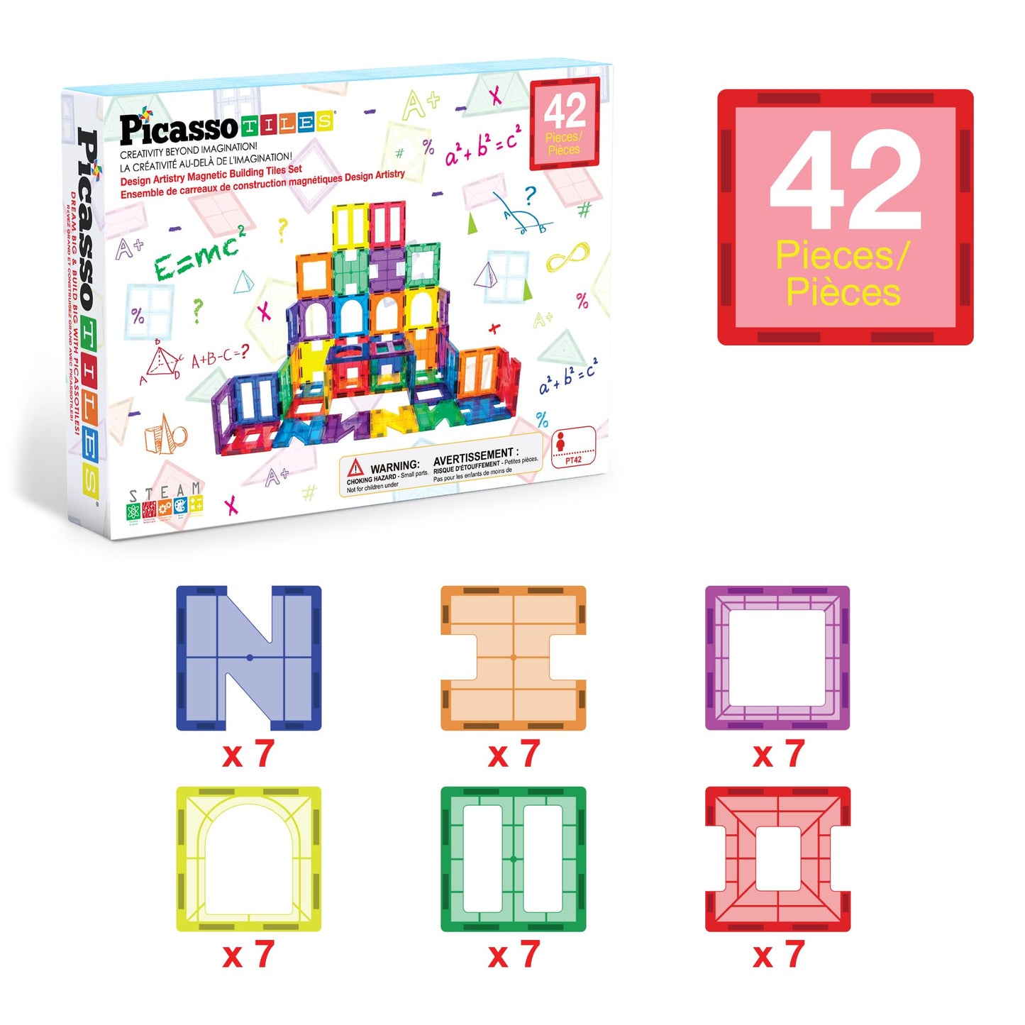 PicassoTiles 42pcs Magnetic Tiles Starter Set – See-Through STEM Building Blocks for Ages 3+