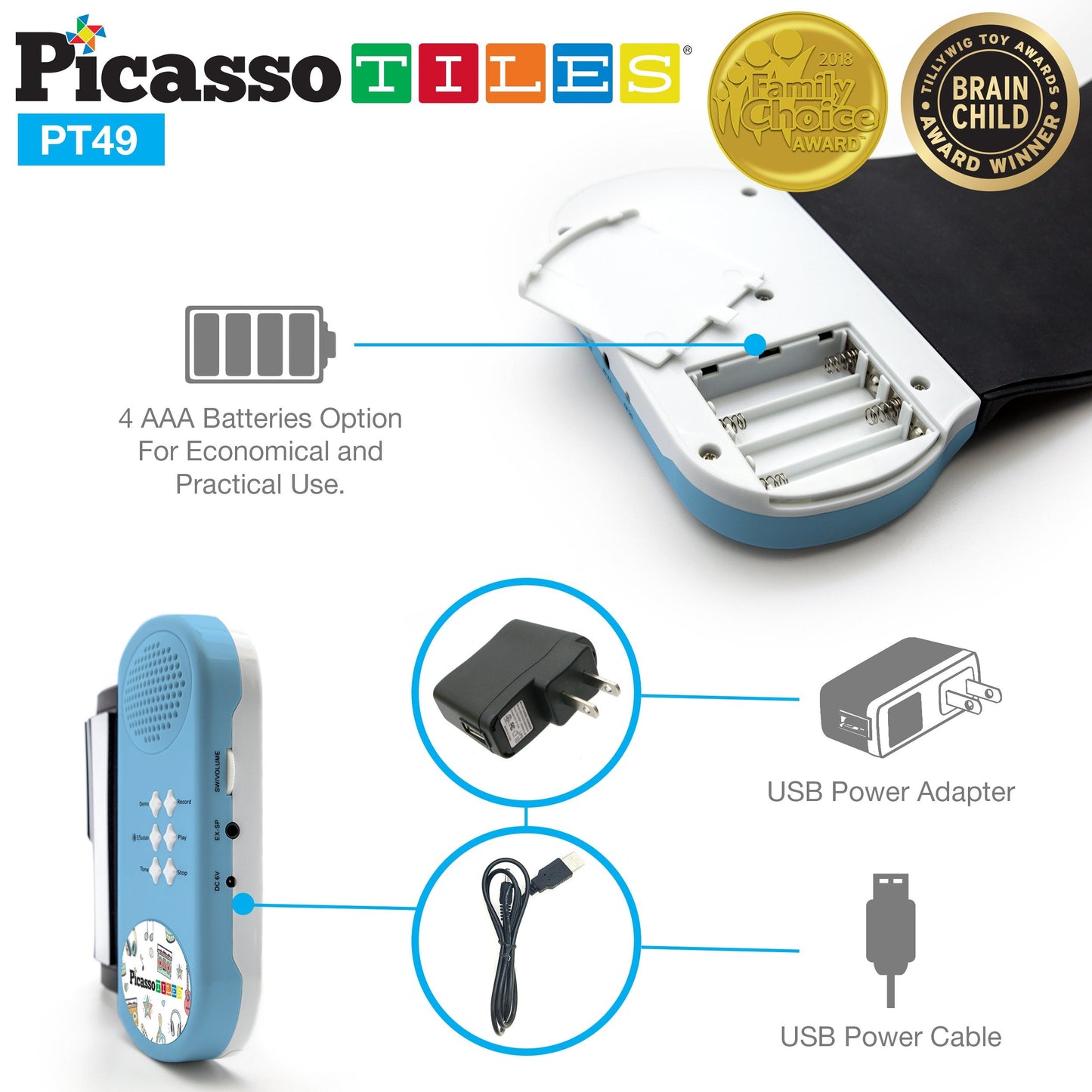 PicassoTiles PT49 Portable 49-Key Roll-Up Piano — 8 Tones, 6 Demos, Recording (Blue)
