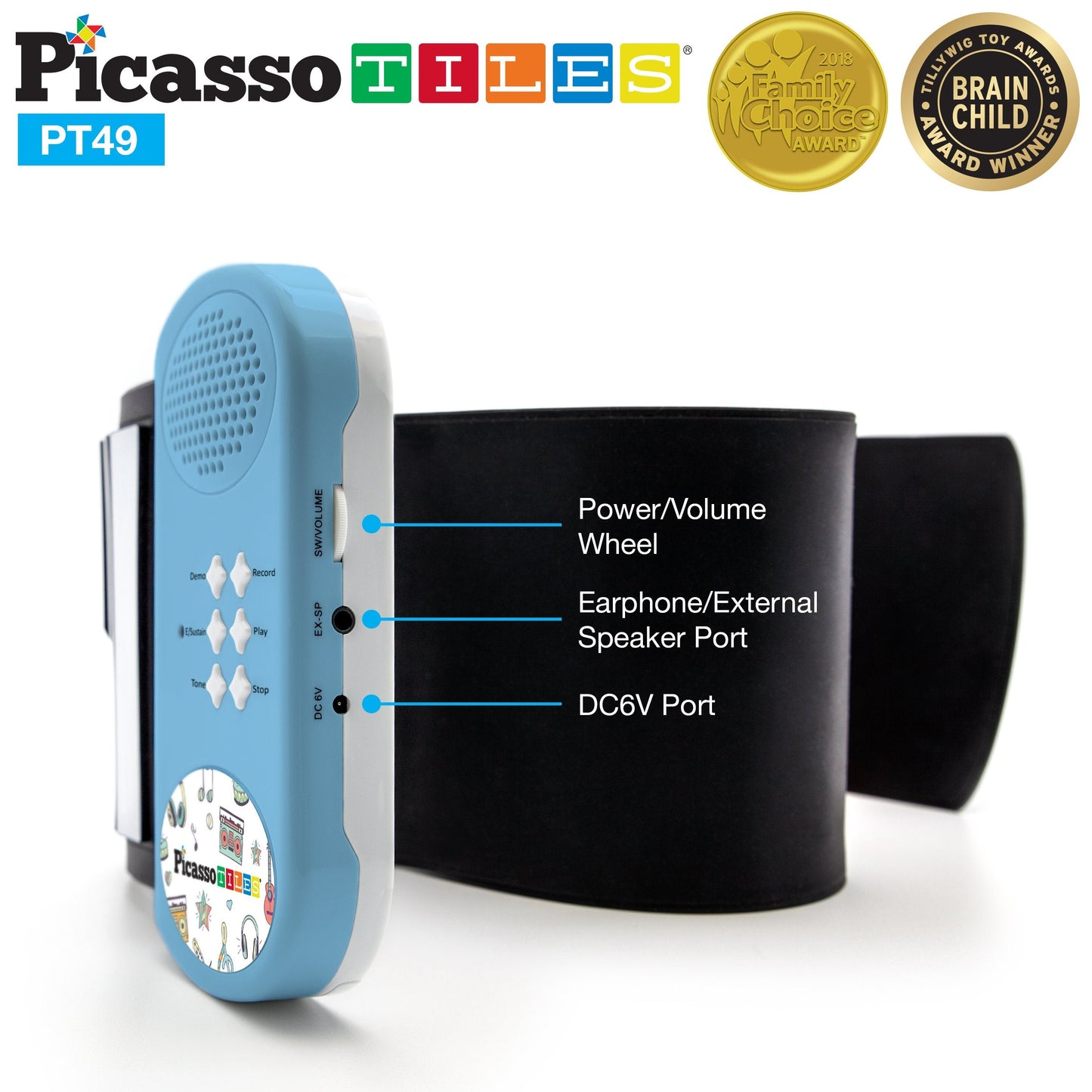 PicassoTiles PT49 Portable 49-Key Roll-Up Piano — 8 Tones, 6 Demos, Recording (Blue)