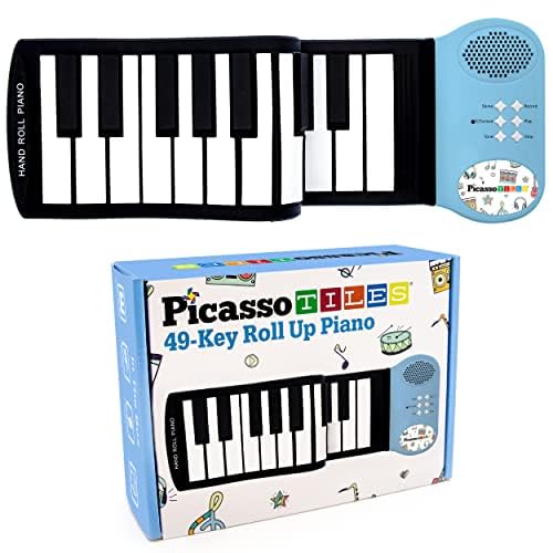 PicassoTiles PT49 Portable 49-Key Roll-Up Piano — 8 Tones, 6 Demos, Recording (Blue)