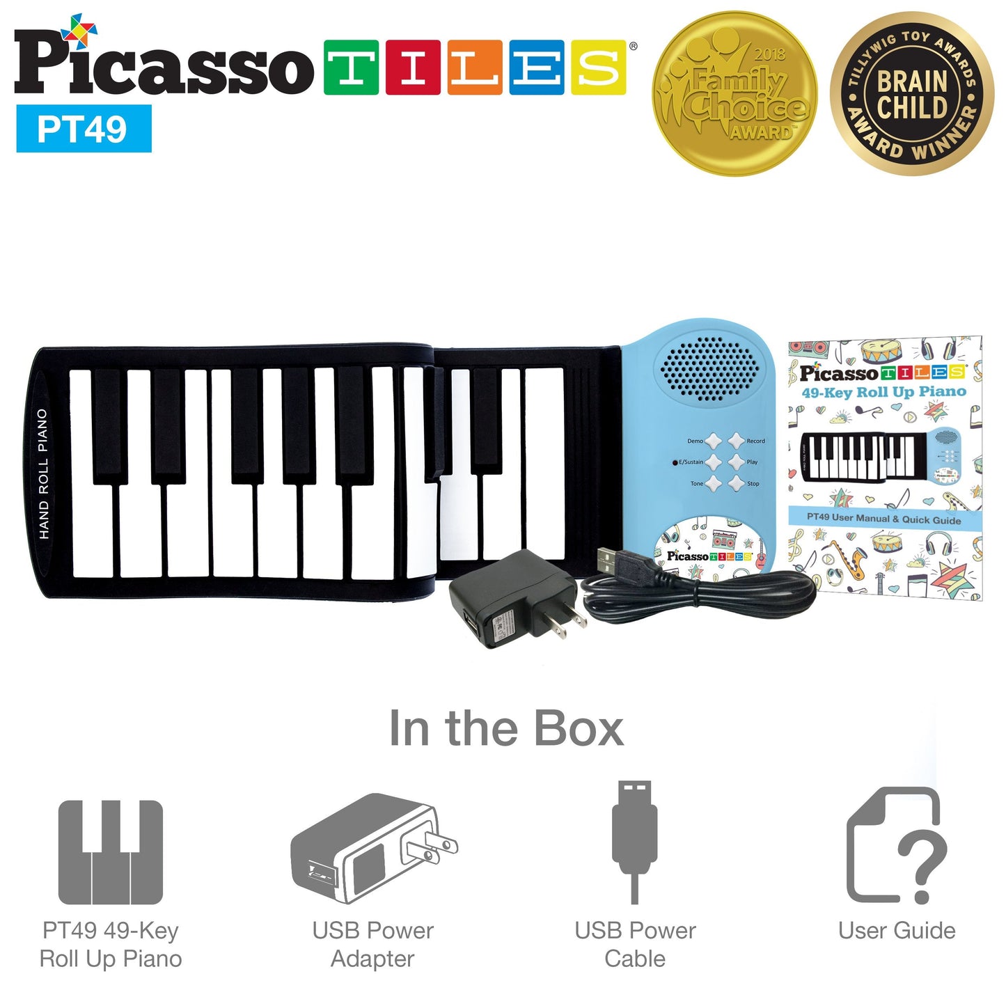 PicassoTiles PT49 Portable 49-Key Roll-Up Piano — 8 Tones, 6 Demos, Recording (Blue)