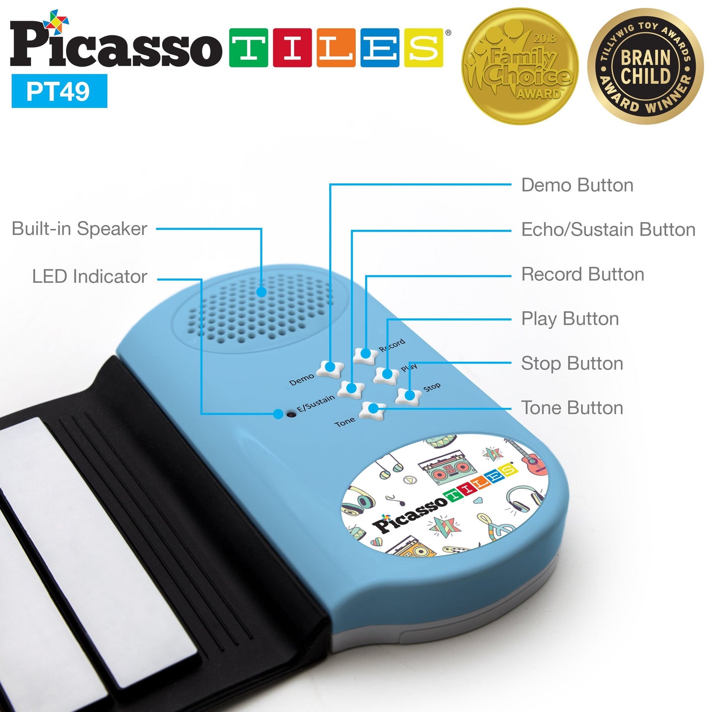 PicassoTiles PT49 Portable 49-Key Roll-Up Piano — 8 Tones, 6 Demos, Recording (Blue)