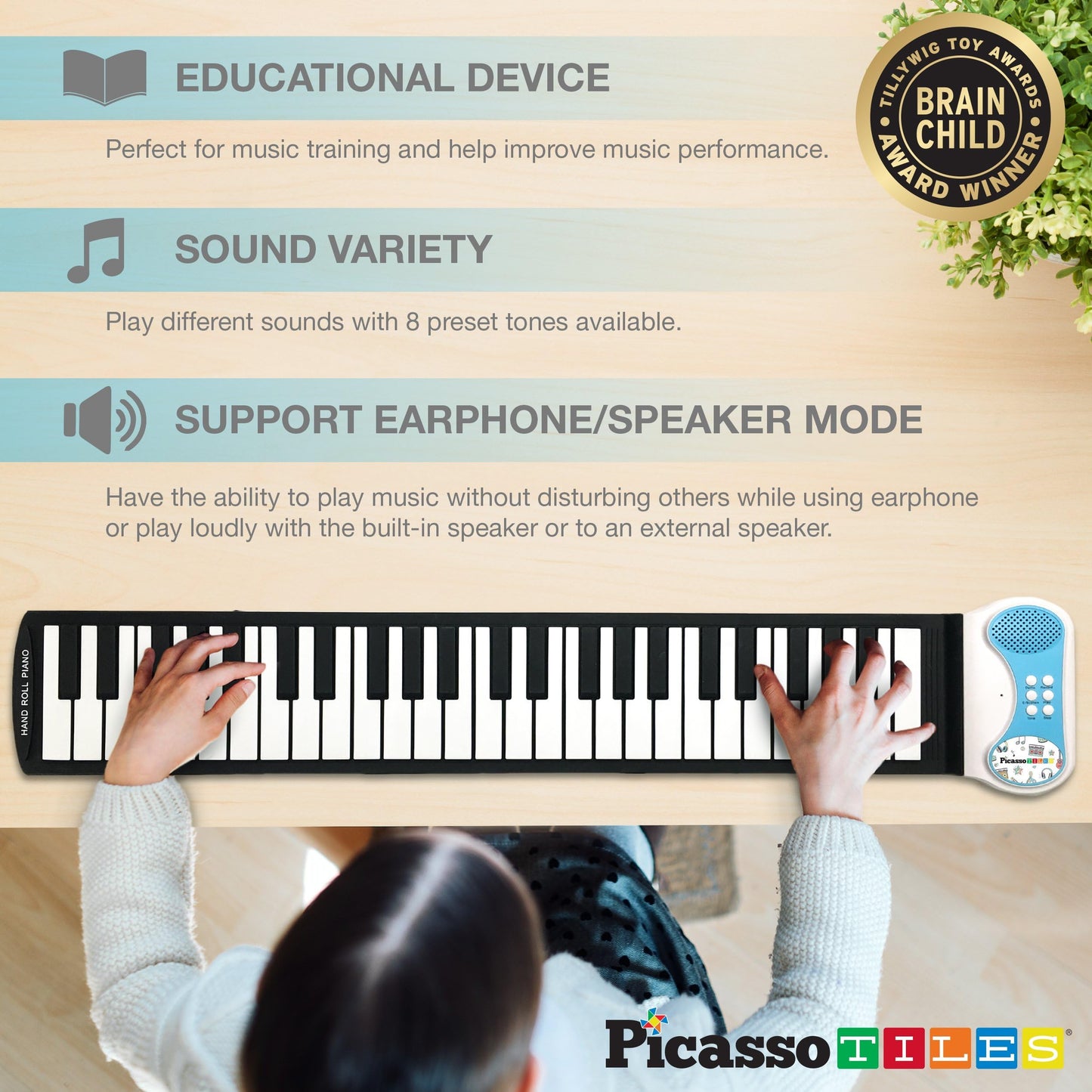 PicassoTiles PT49 Portable 49-Key Roll-Up Piano — 8 Tones, 6 Demos, Recording (Blue)