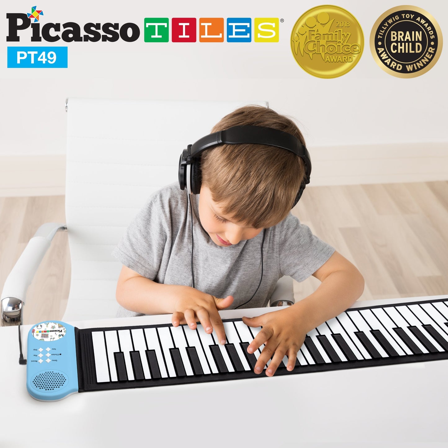 PicassoTiles PT49 Portable 49-Key Roll-Up Piano — 8 Tones, 6 Demos, Recording (Blue)