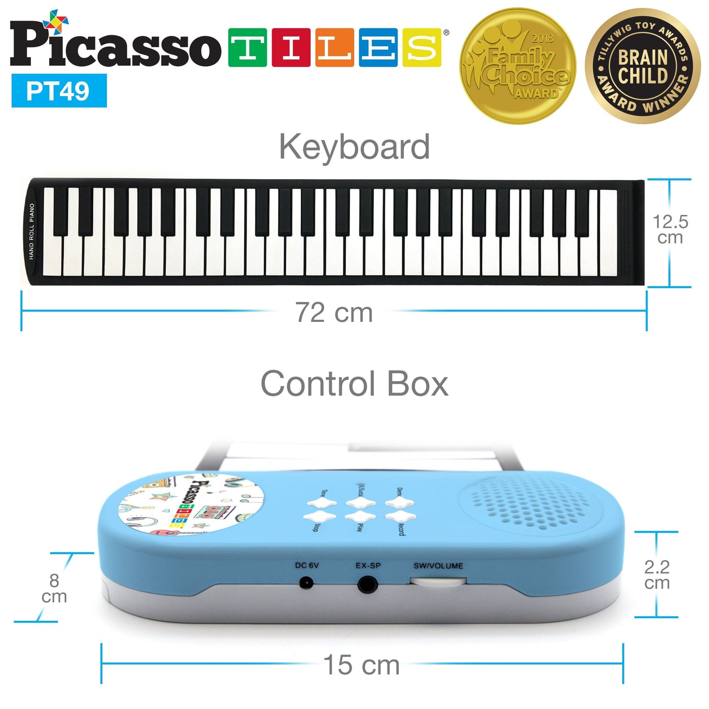 PicassoTiles PT49 Portable 49-Key Roll-Up Piano — 8 Tones, 6 Demos, Recording (Blue)