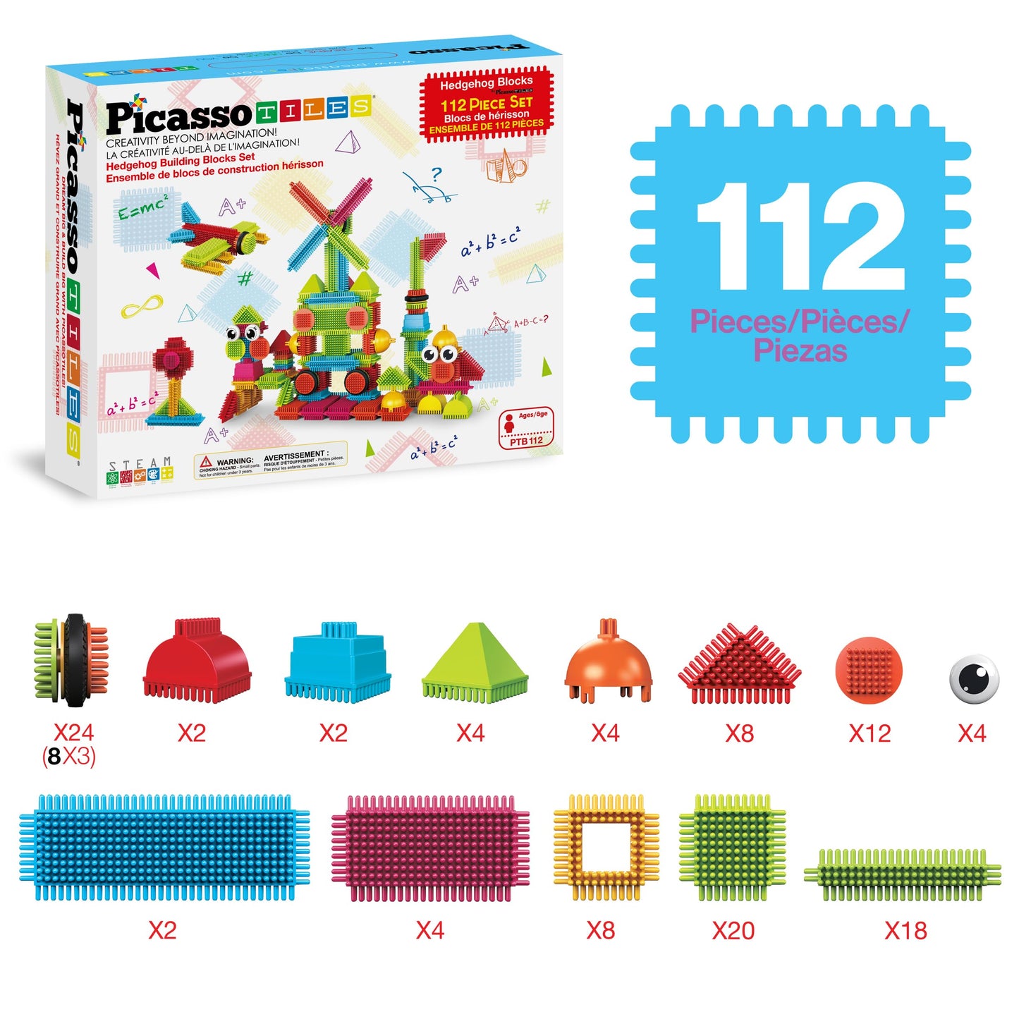PicassoTiles PTB112 Hedgehog Blocks – 112-Piece Interlocking STEM Building Tiles Set