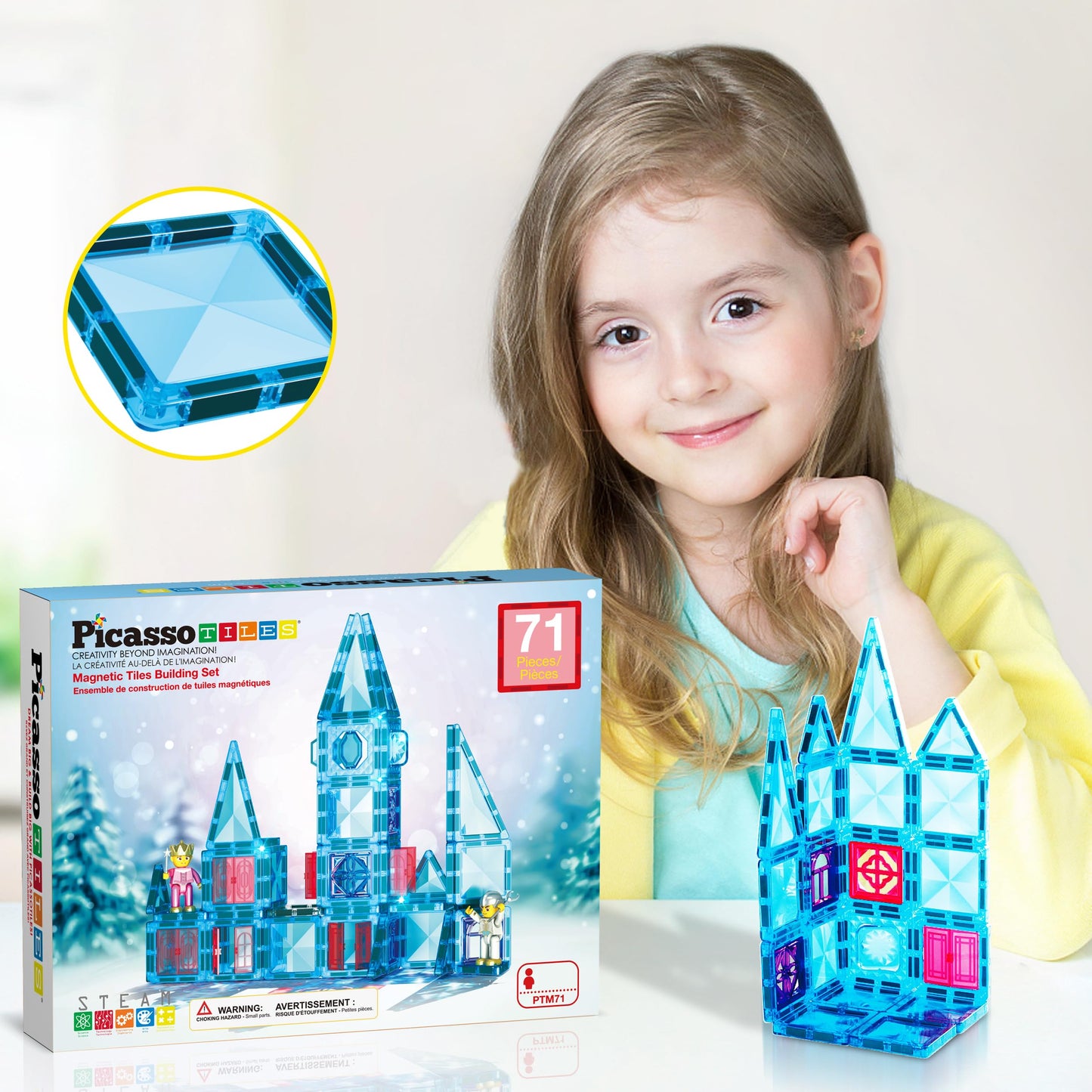 PicassoTiles 71pc Mini Diamond Series Winter Ice Theme Magnetic Tile Building Blocks PTM71 | Travel-Size STEM Toy