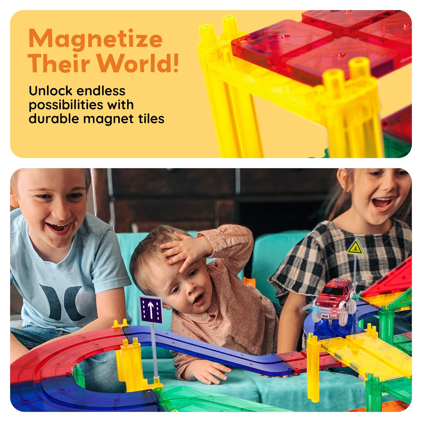 PicassoTiles PTR100: 100pc Magnetic Race Track Set with LED Cars | STEM Construction Toy for Kids 3+