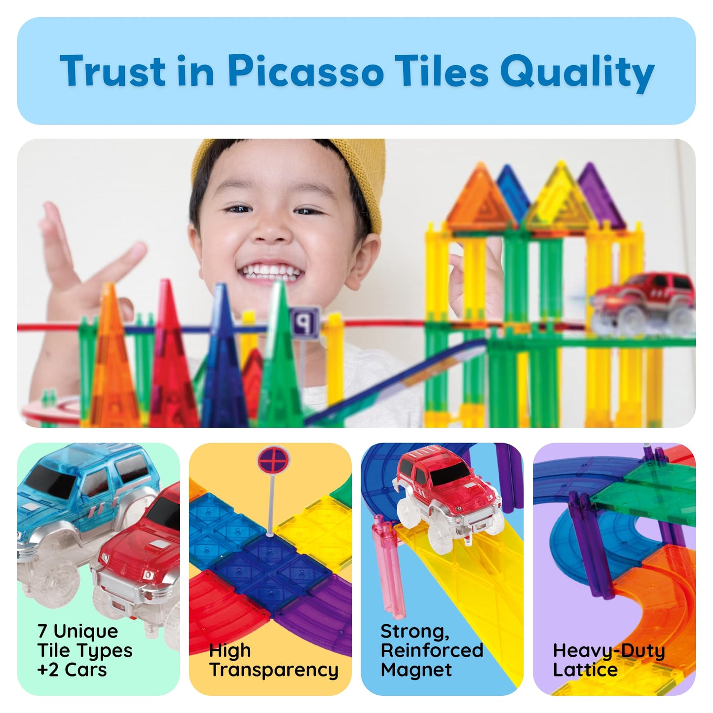 PicassoTiles PTR100: 100pc Magnetic Race Track Set with LED Cars | STEM Construction Toy for Kids 3+