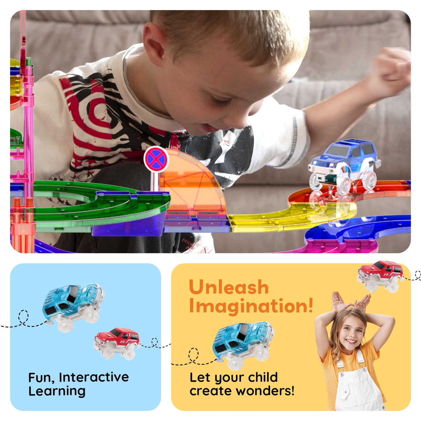 PicassoTiles PTR100: 100pc Magnetic Race Track Set with LED Cars | STEM Construction Toy for Kids 3+