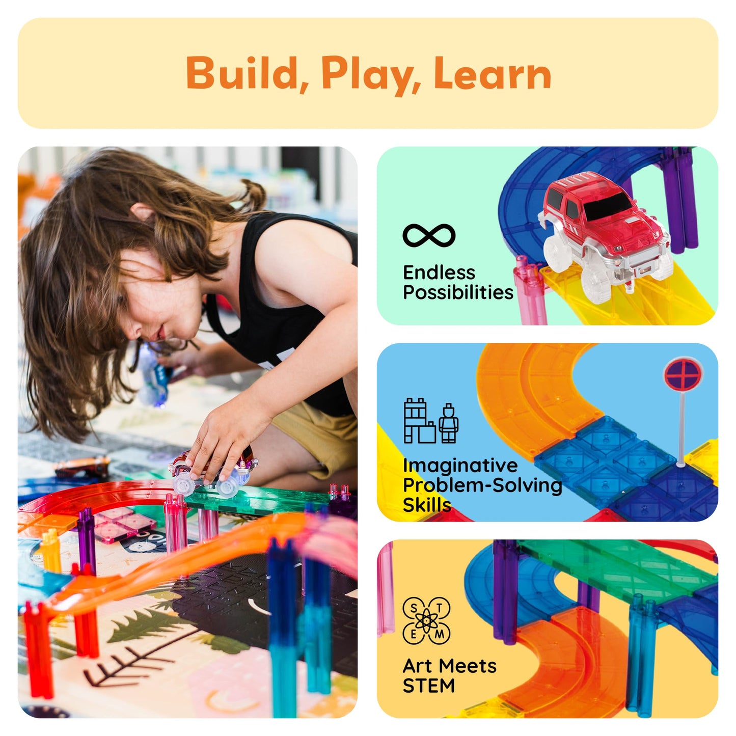 PicassoTiles PTR100: 100pc Magnetic Race Track Set with LED Cars | STEM Construction Toy for Kids 3+