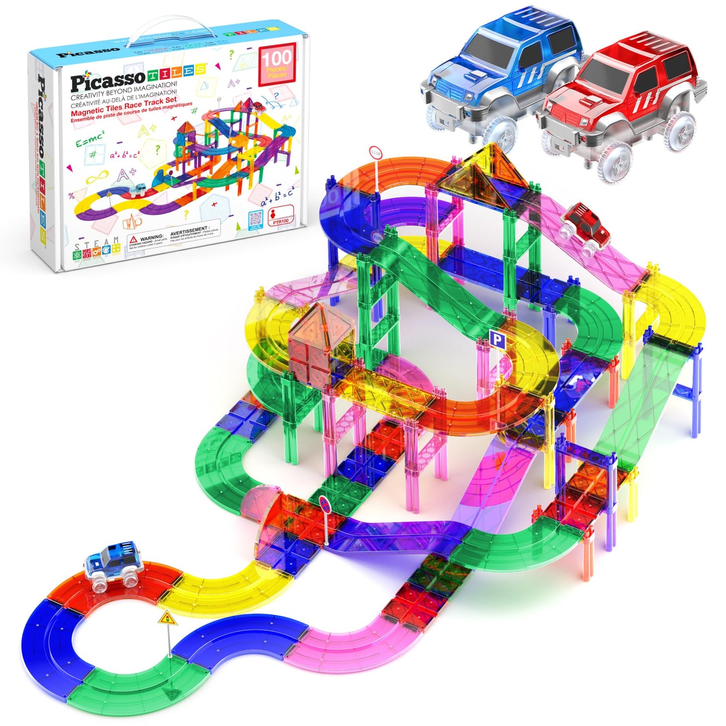PicassoTiles PTR100: 100pc Magnetic Race Track Set with LED Cars | STEM Construction Toy for Kids 3+