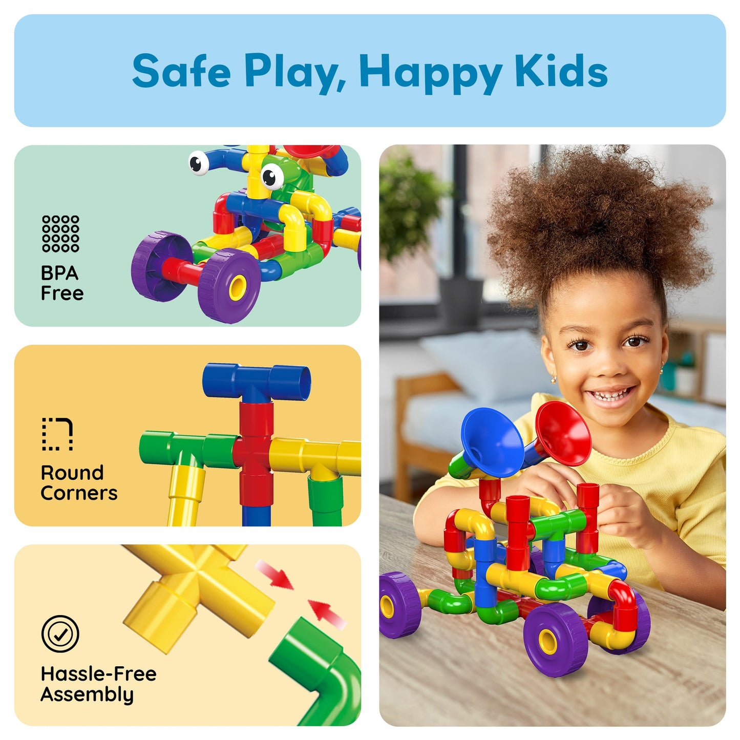 PicassoTiles PTT136 136pcs Tubular Pipes & Spout STEAM Building Set | Interlocking Blocks