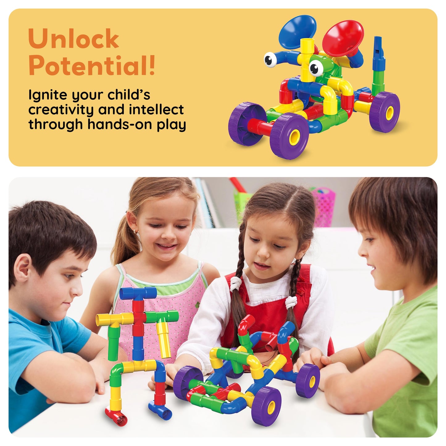 PicassoTiles PTT136 136pcs Tubular Pipes & Spout STEAM Building Set | Interlocking Blocks
