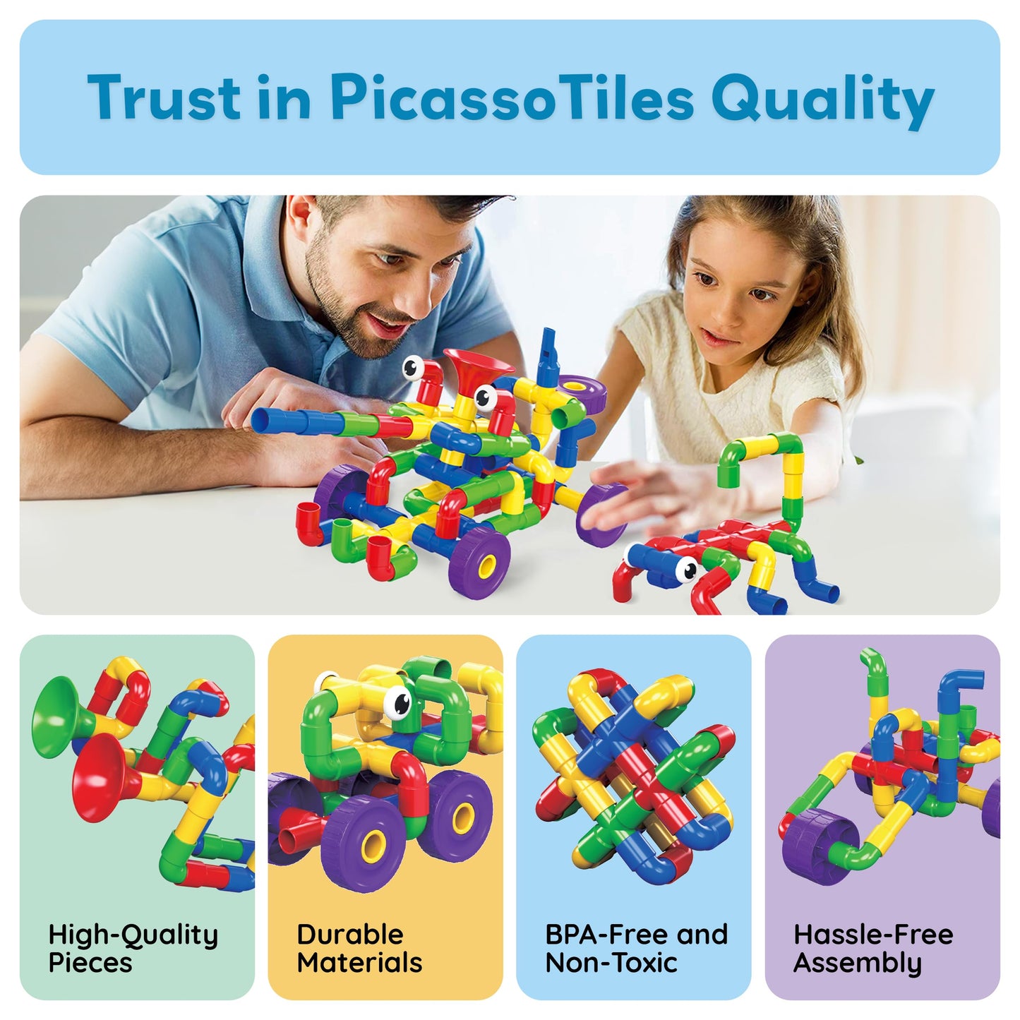 PicassoTiles PTT136 136pcs Tubular Pipes & Spout STEAM Building Set | Interlocking Blocks