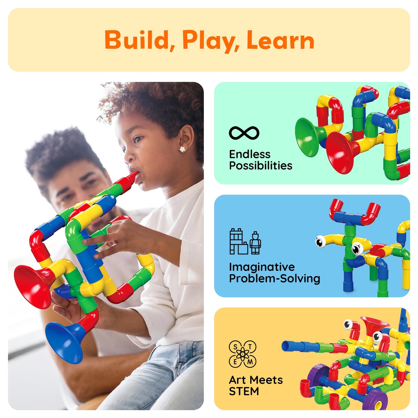 PicassoTiles PTT136 136pcs Tubular Pipes & Spout STEAM Building Set | Interlocking Blocks
