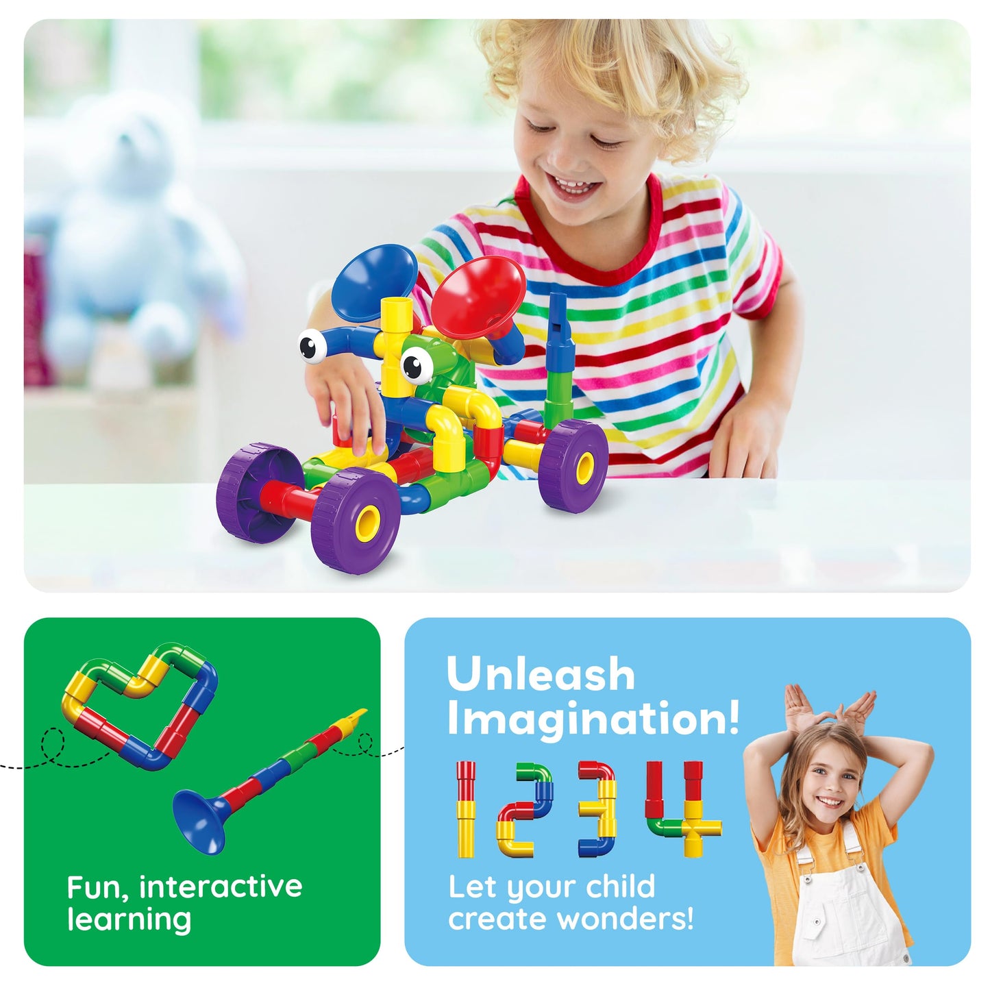 PicassoTiles PTT136 136pcs Tubular Pipes & Spout STEAM Building Set | Interlocking Blocks