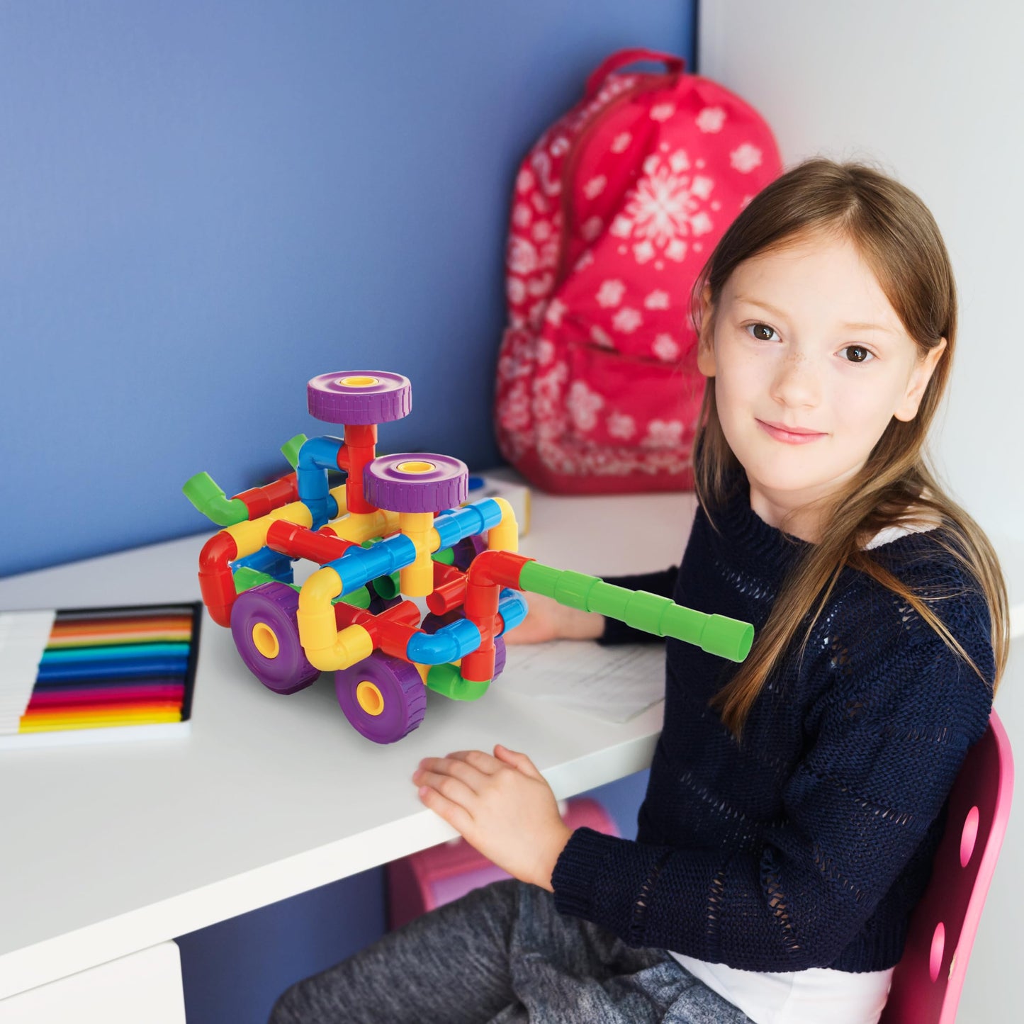 PicassoTiles PTT136 136pcs Tubular Pipes & Spout STEAM Building Set | Interlocking Blocks