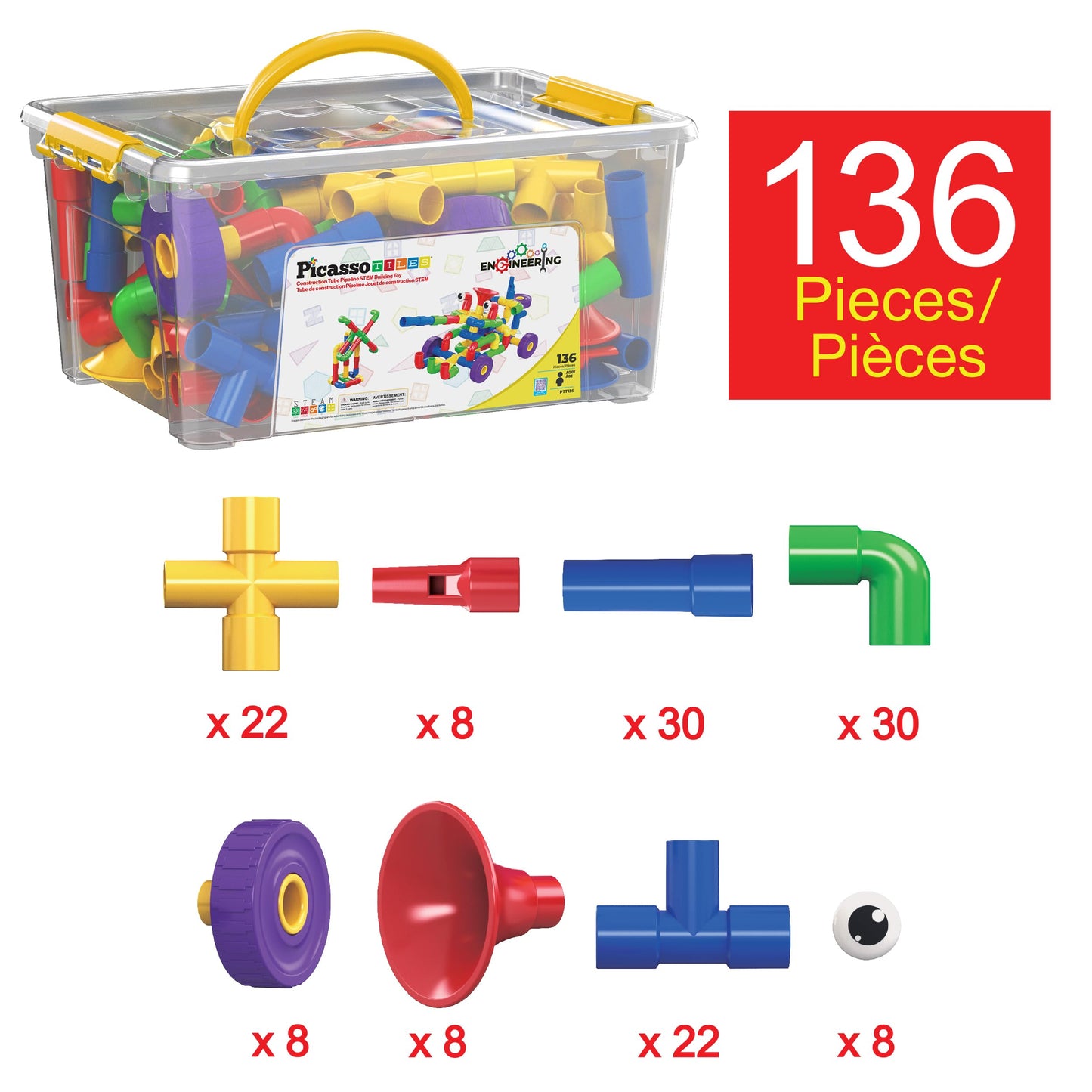 PicassoTiles PTT136 136pcs Tubular Pipes & Spout STEAM Building Set | Interlocking Blocks