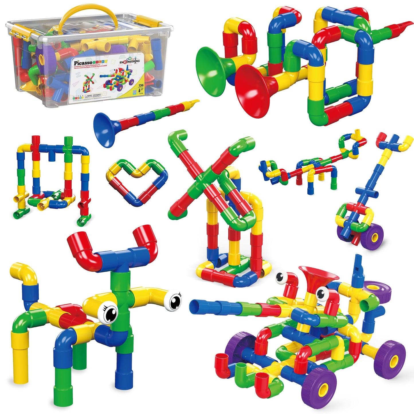 PicassoTiles PTT136 136pcs Tubular Pipes & Spout STEAM Building Set | Interlocking Blocks