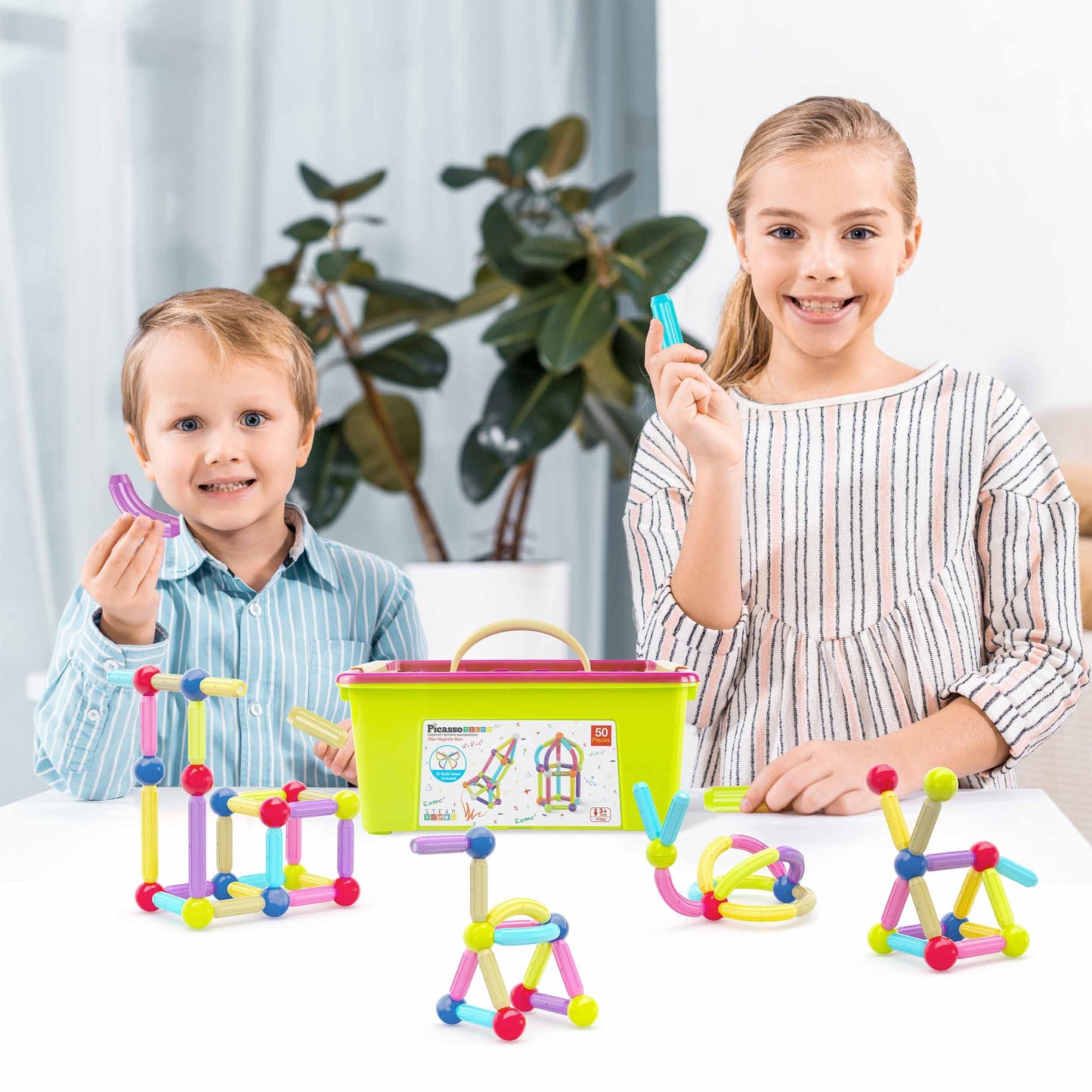 PicassoTiles PTX50 Magnetic Building Sticks – 50-Piece STEM Toy with Storage Bin