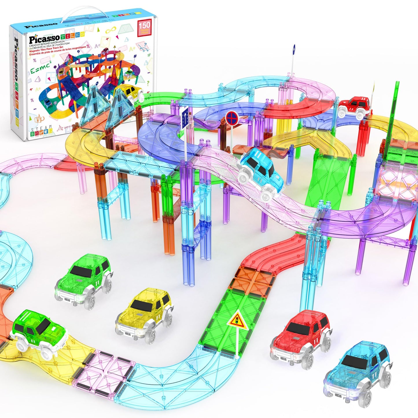 PicassoTiles 150-Piece Race Car Track Magnetic Tile STEM Toy Set with 4 Cars