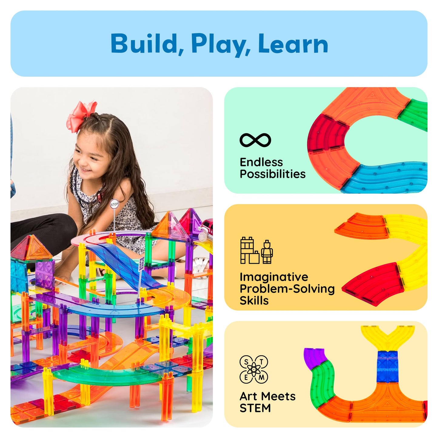 PicassoTiles Race Track Add-On 12pc – 5 Styles Magnetic Rail Set for STEM Play