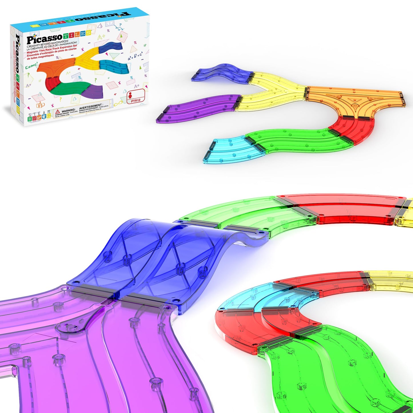 PicassoTiles Race Track Add-On 12pc – 5 Styles Magnetic Rail Set for STEM Play