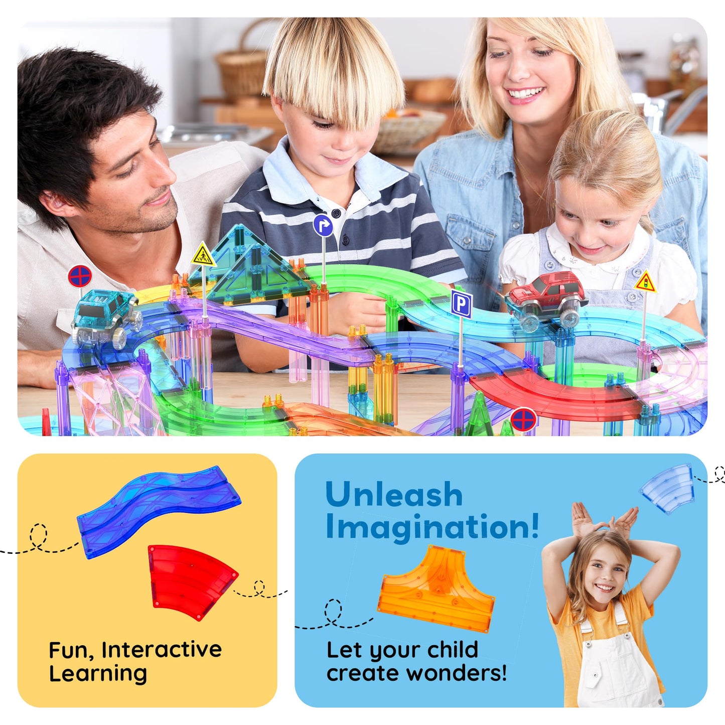 PicassoTiles Race Track Add-On 12pc – 5 Styles Magnetic Rail Set for STEM Play