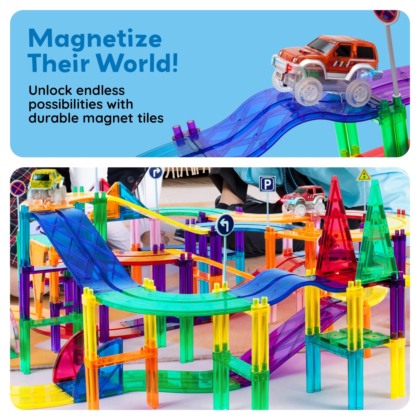 PicassoTiles Race Track Add-On 12pc – 5 Styles Magnetic Rail Set for STEM Play