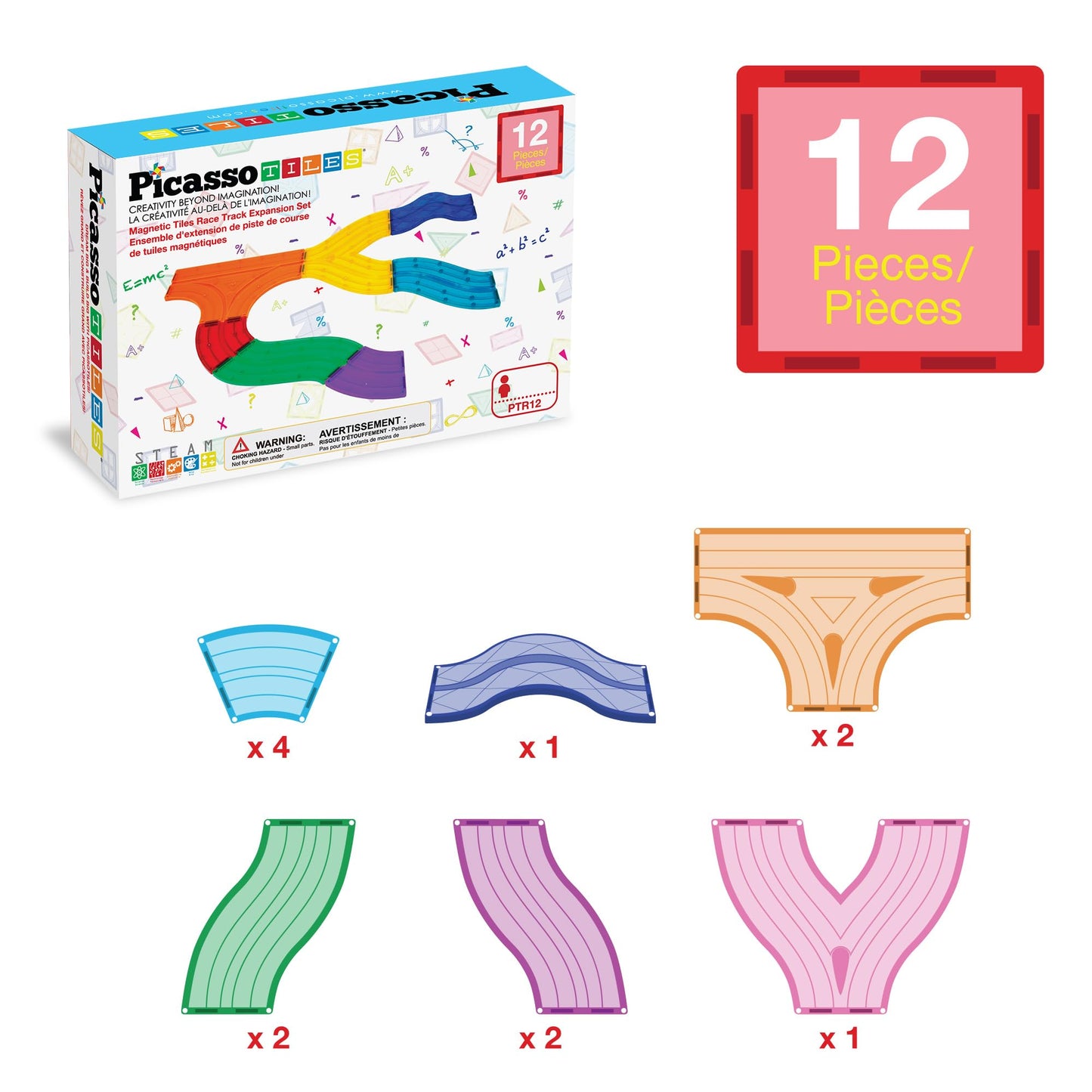 PicassoTiles Race Track Add-On 12pc – 5 Styles Magnetic Rail Set for STEM Play
