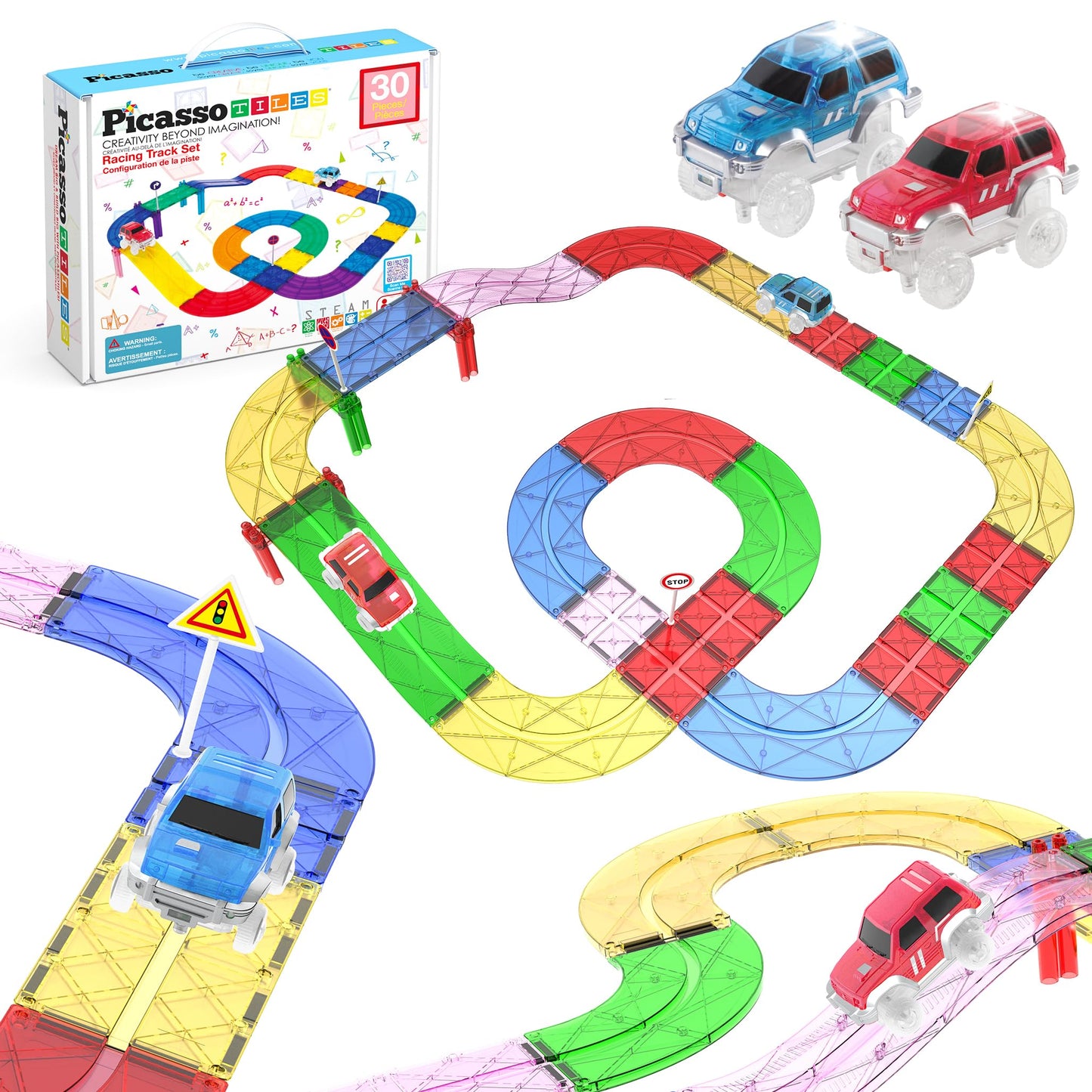 PicassoTiles Magnetic Race Track Car Playset with 2 Trucks PTR30