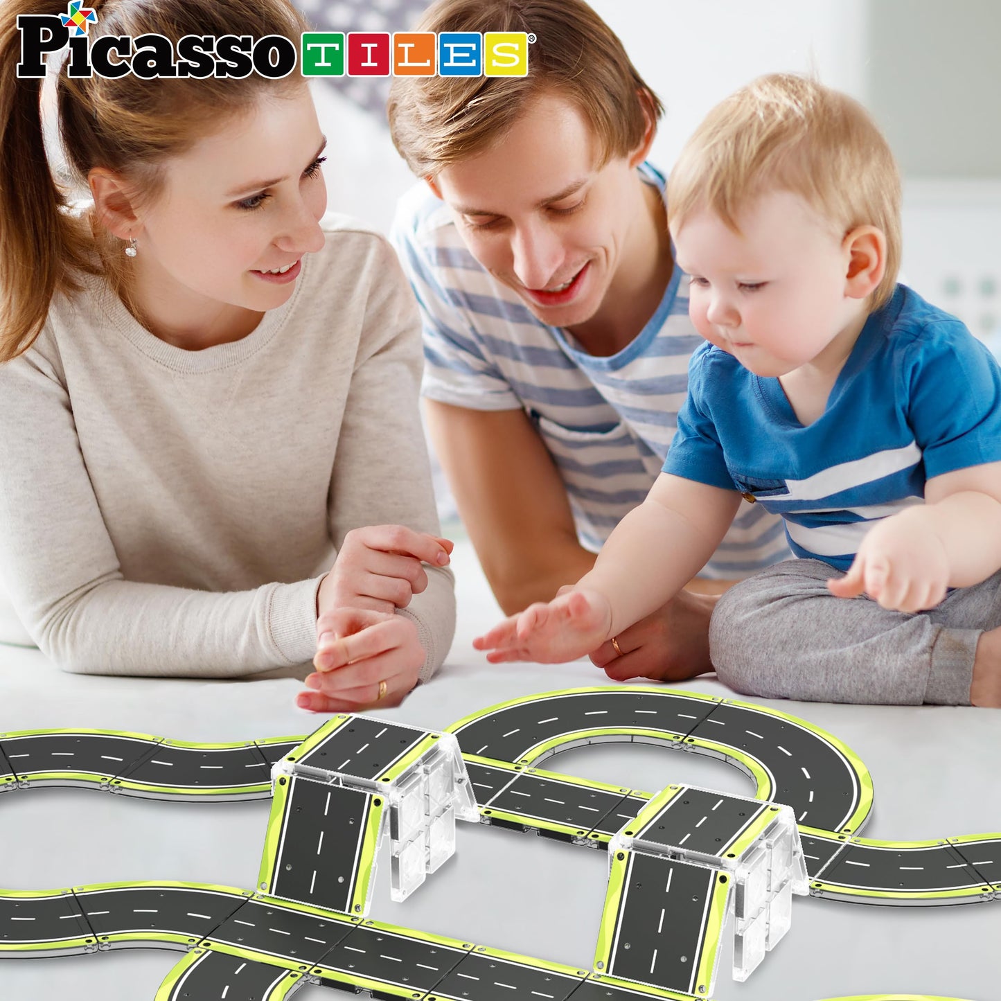 PicassoTiles Magnetic Car Track Set — 16 Printed Road Tiles for Creative STEM Play