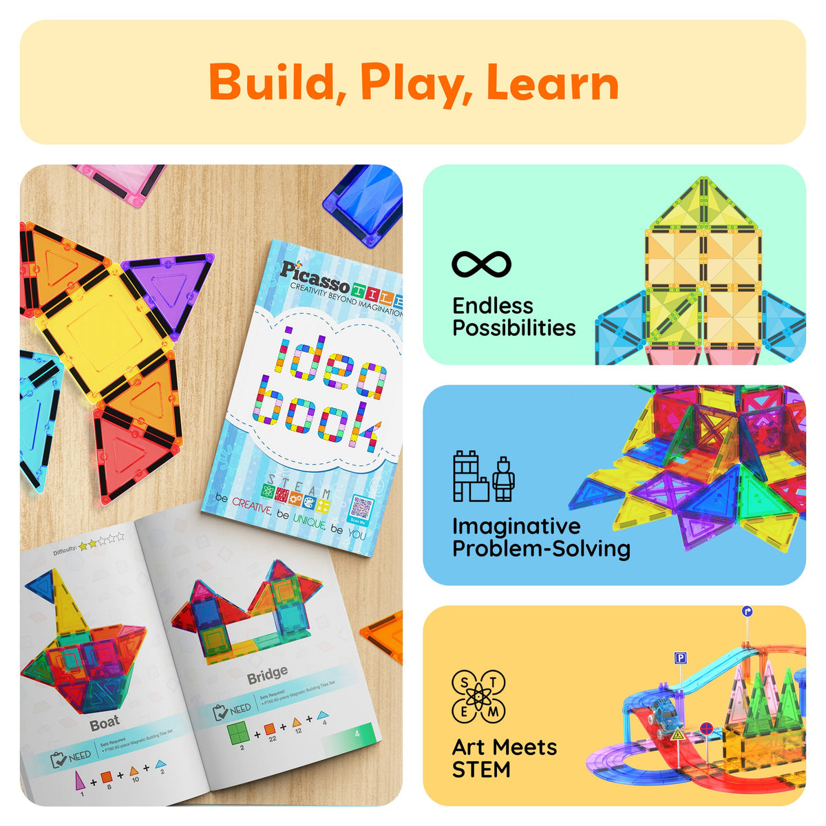 PicassoTiles Magnetic Tile Building Idea Book – 230 Pages, 300+ Builds, STEM Design Guide | Ages 3+ | PTIDEABOOK