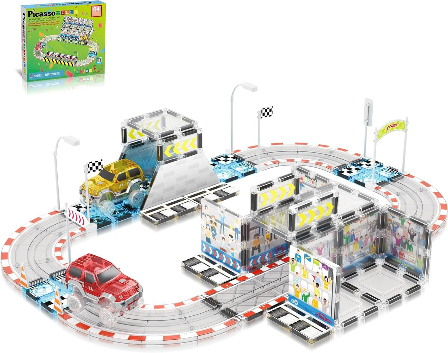 PicassoTiles Magnetic Race Track Set with 2 Trucks – STEM Building Toy PTQ05 | Kids 3+