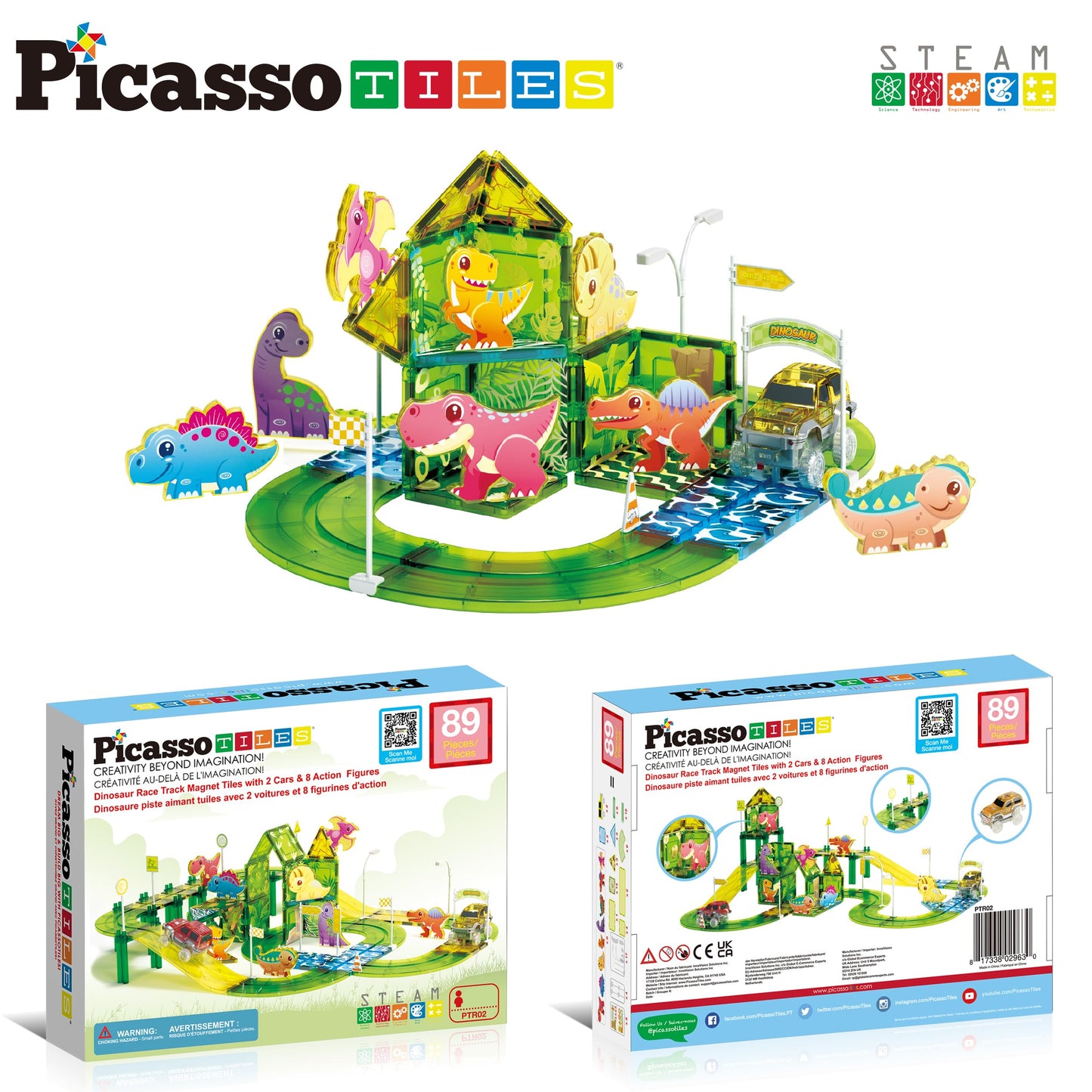 PicassoTiles Dinosaur Magnetic Tiles Racecar Track – 89-Piece Educational Building Blocks PTR02