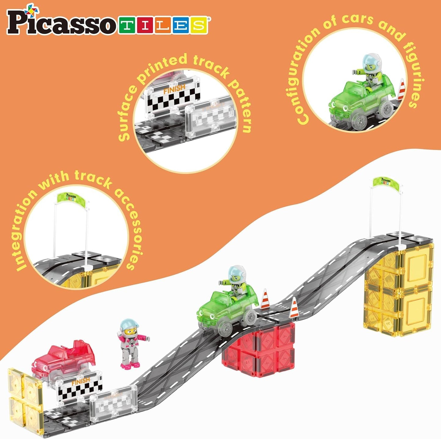 PicassoTiles Magnet Tile Race Car Track Kit PTR05 – STEM Building Blocks
