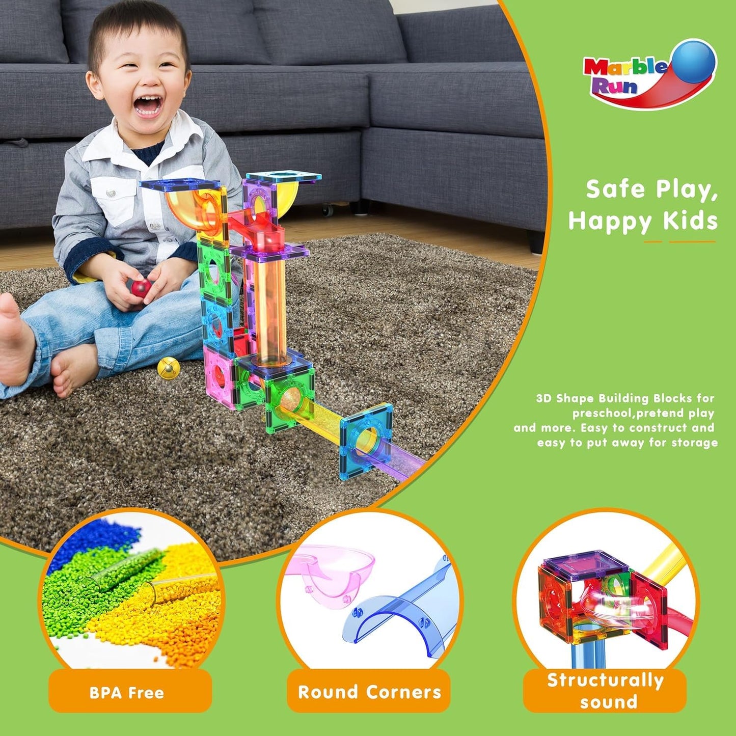 PicassoTiles Magnetic Marble Run Set – Rainbow Color Tiles, 40-Piece STEM Kit for Kids 3+