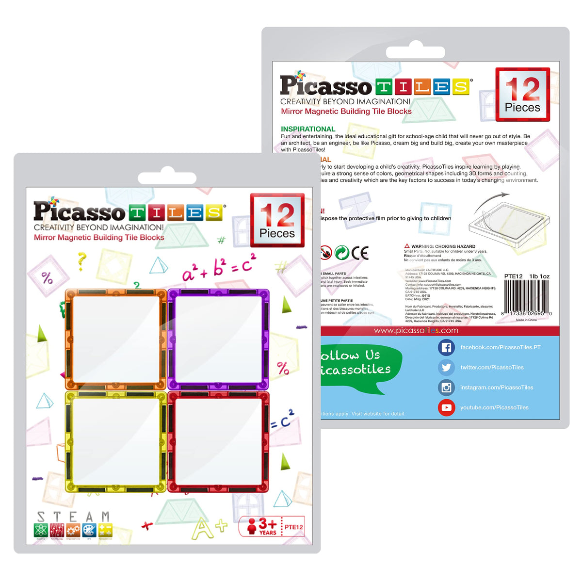 PicassoTiles Mirror Magnetic Building Tiles - 12-Piece Expansion Set for 3+ | Educational Magnetic Tiles