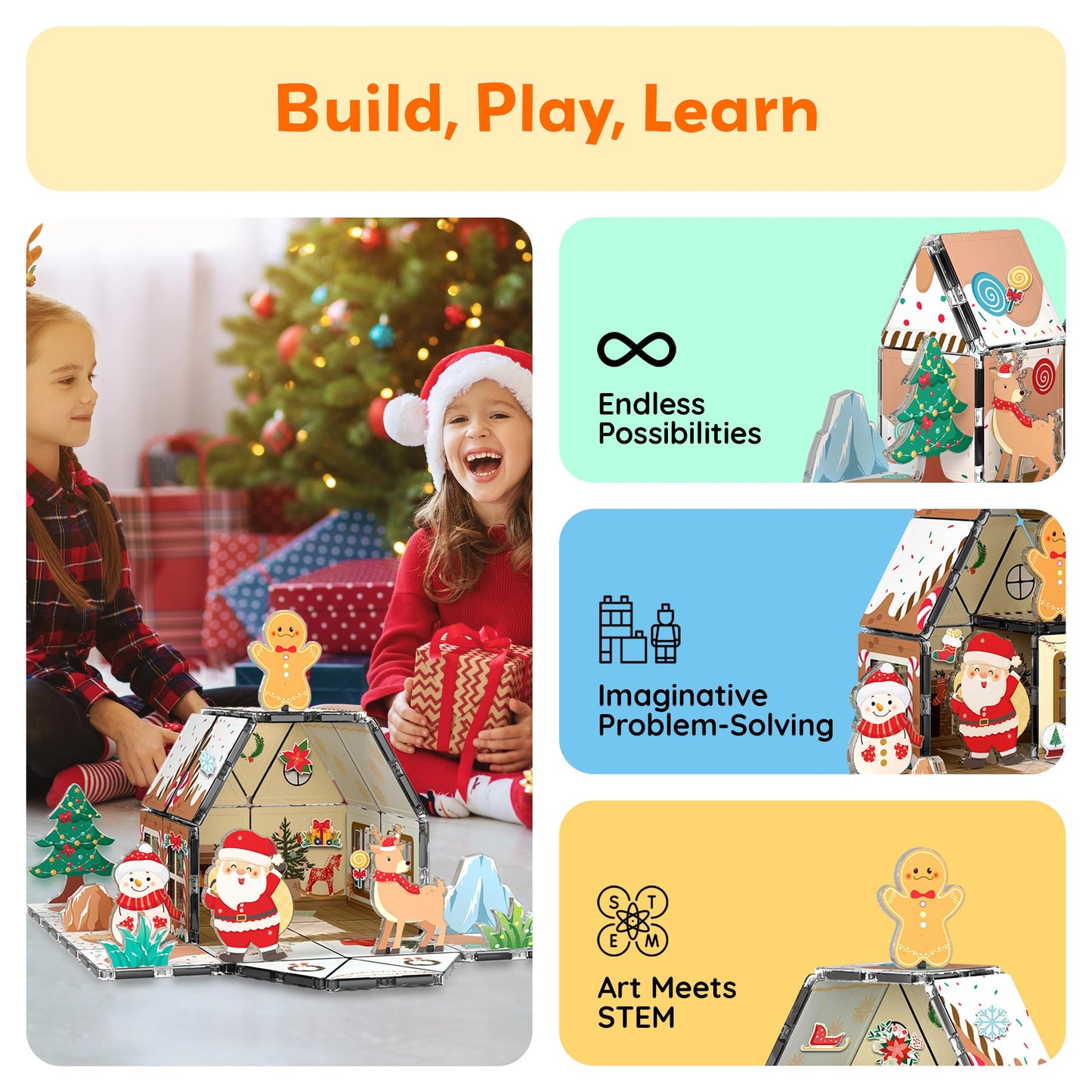 PicassoTiles Gingerbread House Holiday Magnetic Tiles – Santa, Snowman, Deer | STEM Toys for Kids 3+